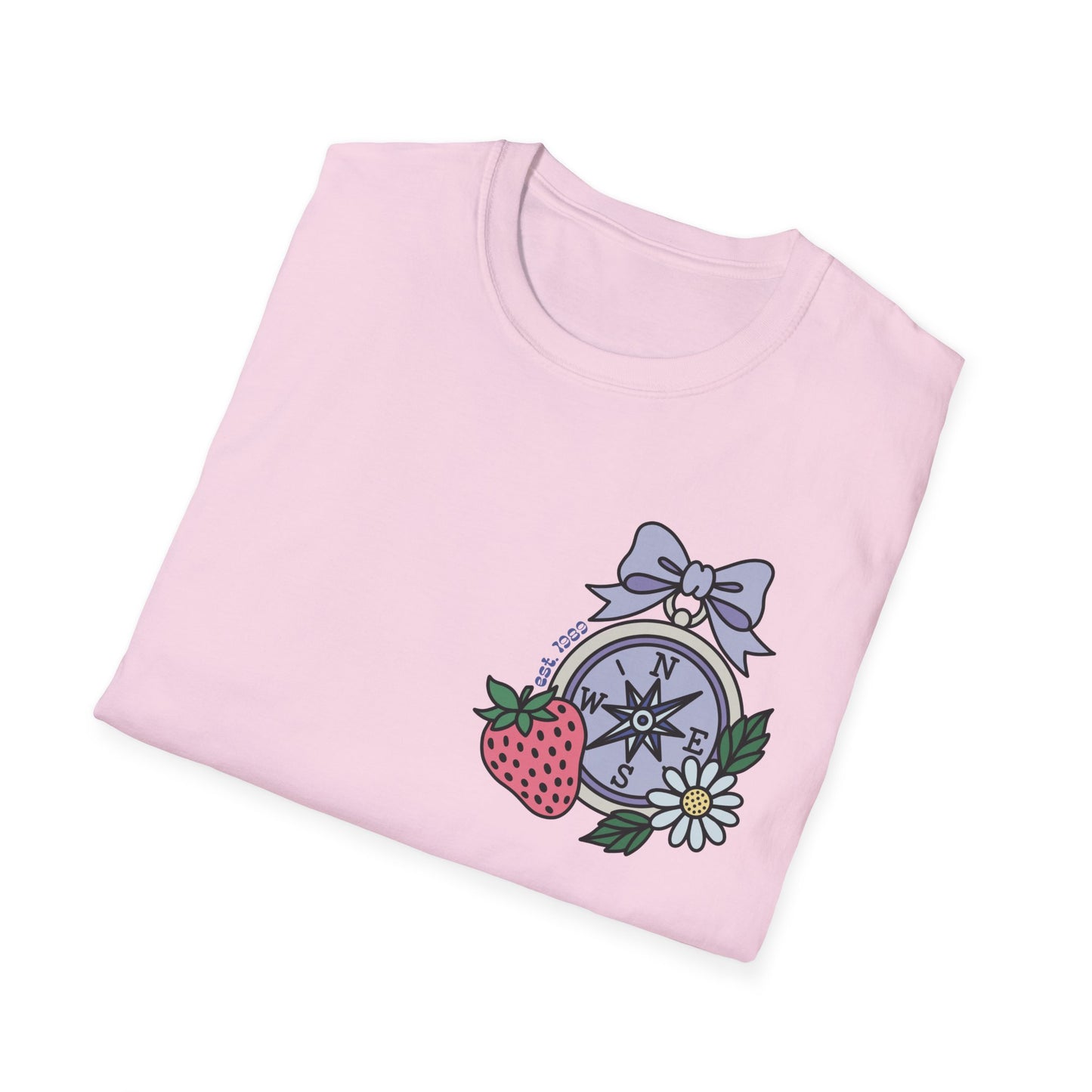 Folklore Fields T-Shirt – Soft Cotton Tee with Strawberry, Butterfly & Compass Design