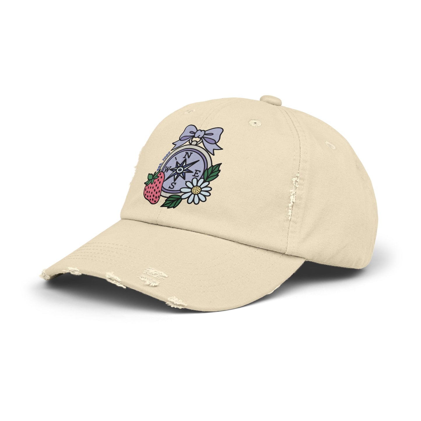 Folklore Fields Distressed Cap – Vintage Compass & Strawberry Design, Unisex Boho Dad Hat