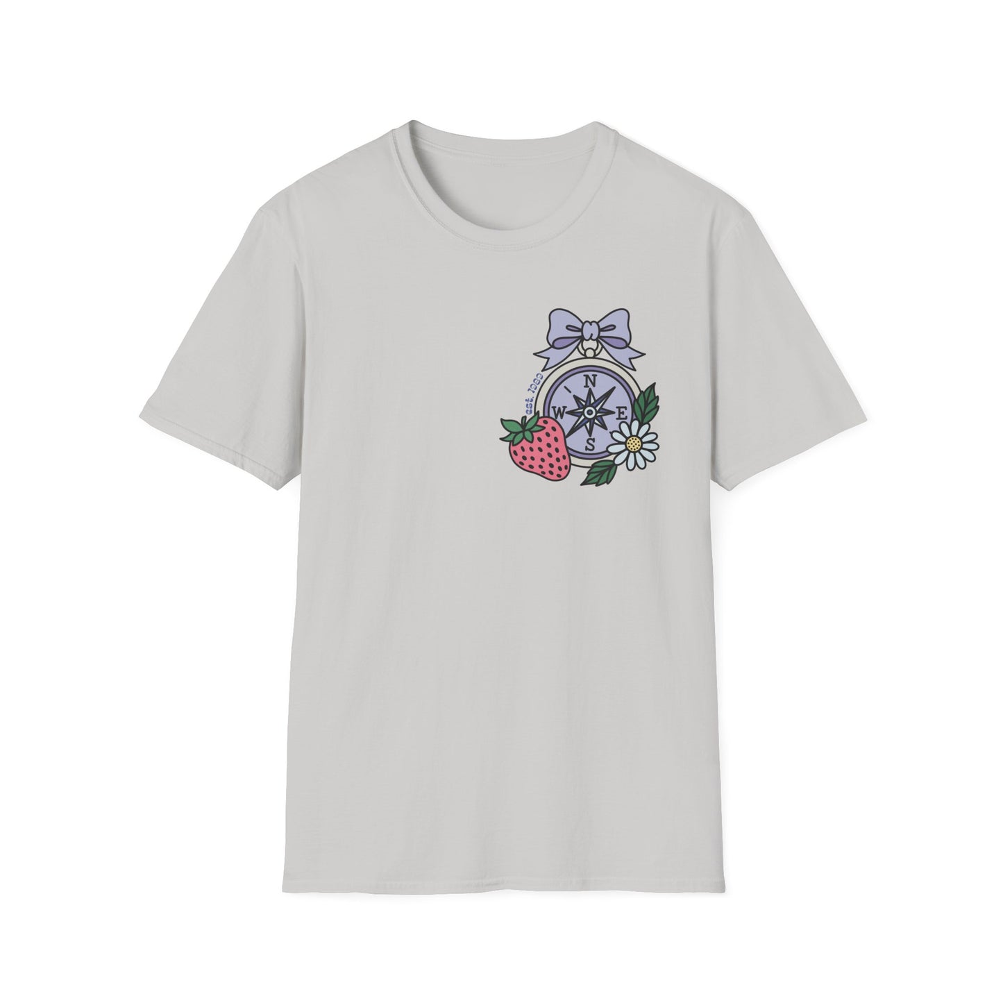 Folklore Fields T-Shirt – Soft Cotton Tee with Strawberry, Butterfly & Compass Design