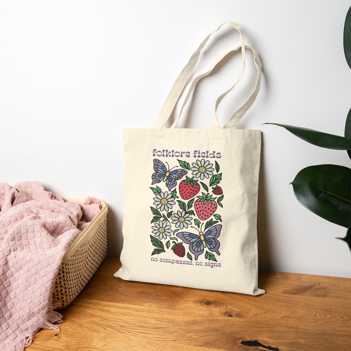 Folklore Fields Tote Bag – Eco-Friendly Canvas Bag with Butterfly and Strawberry Design