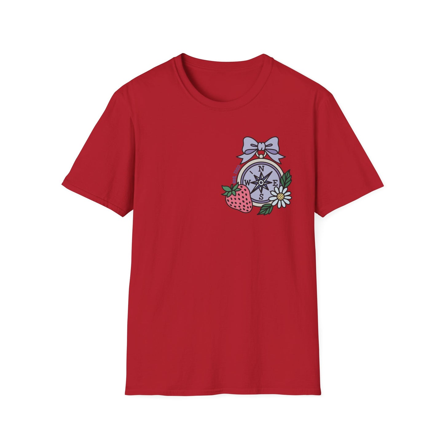 Folklore Fields T-Shirt – Soft Cotton Tee with Strawberry, Butterfly & Compass Design