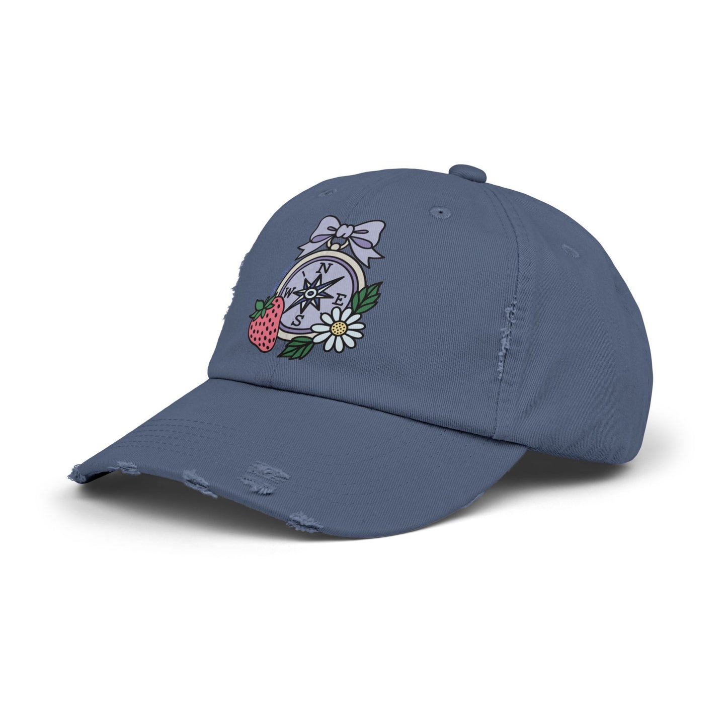 Folklore Fields Distressed Cap – Vintage Compass & Strawberry Design, Unisex Boho Dad Hat