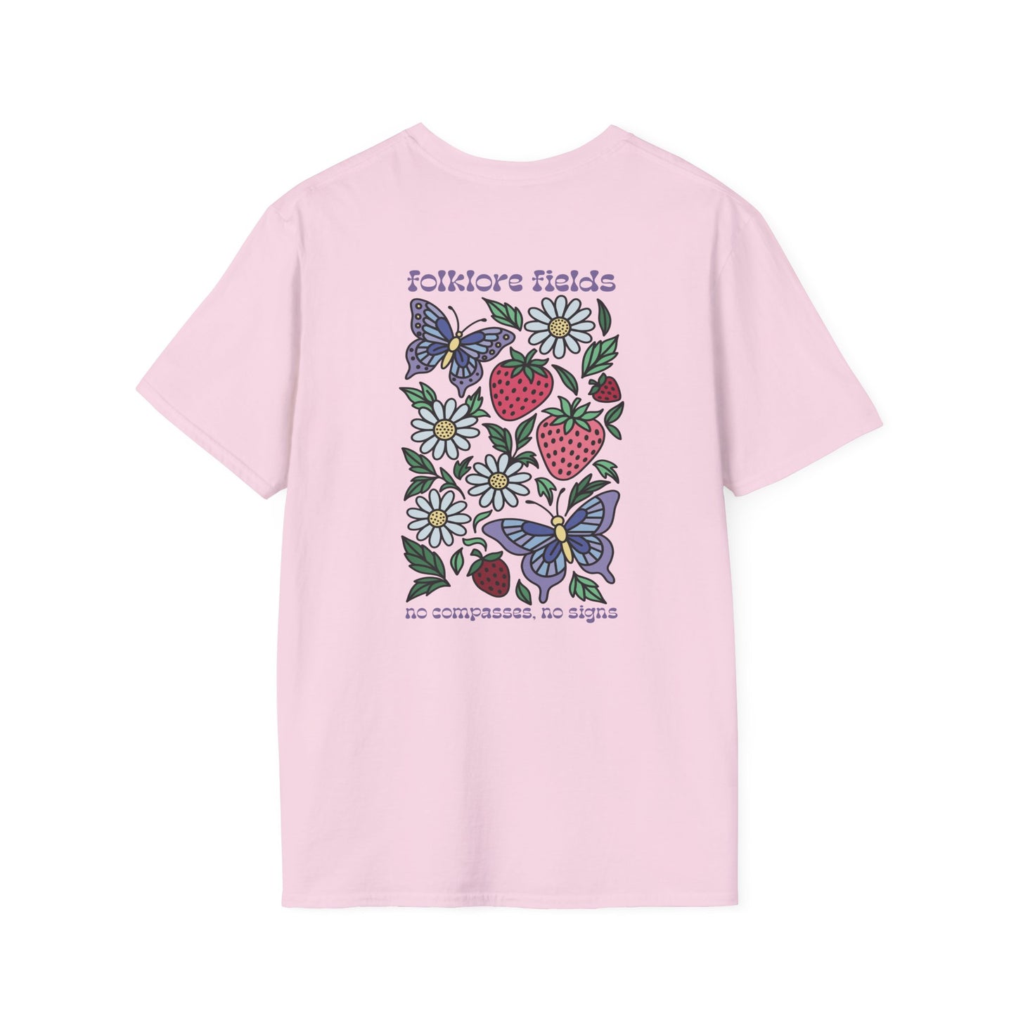 Folklore Fields T-Shirt – Soft Cotton Tee with Strawberry, Butterfly & Compass Design