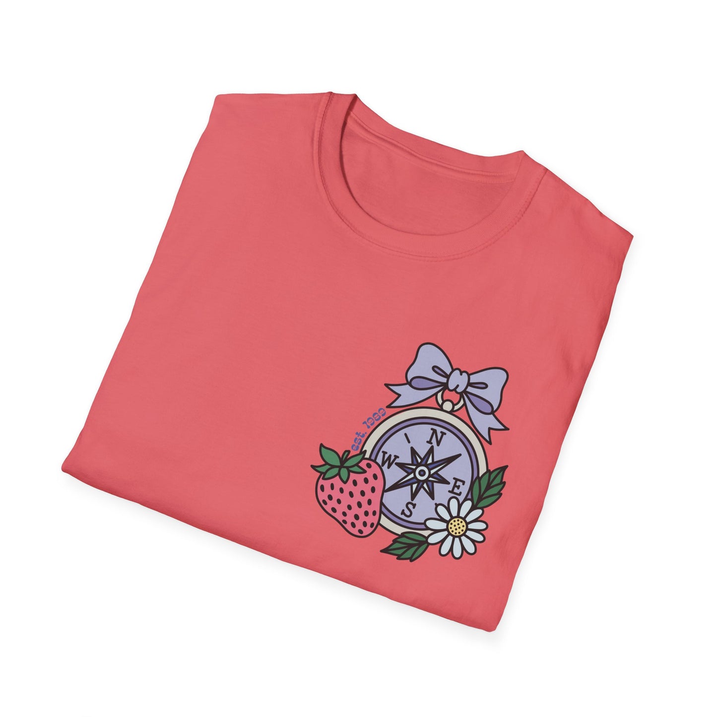 Folklore Fields T-Shirt – Soft Cotton Tee with Strawberry, Butterfly & Compass Design