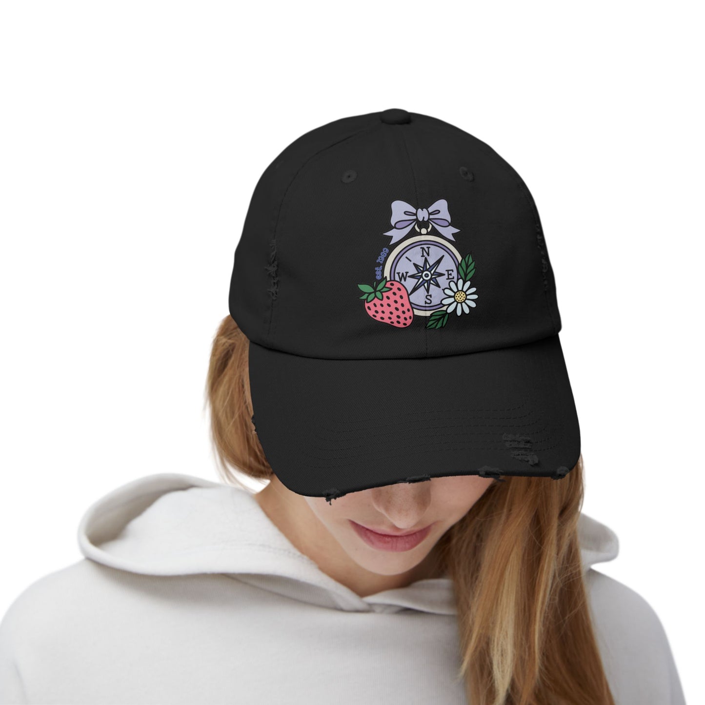 Folklore Fields Distressed Cap – Vintage Compass & Strawberry Design, Unisex Boho Dad Hat