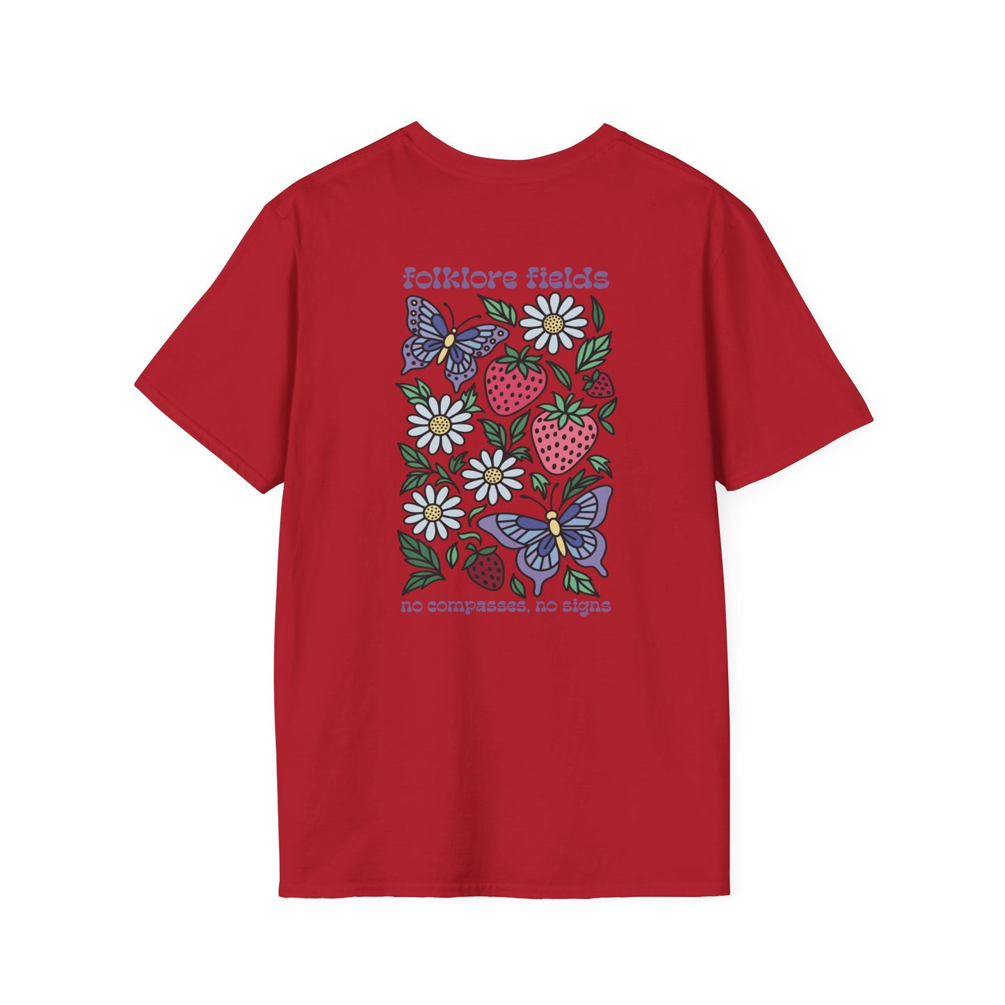 Folklore Fields T-Shirt – Soft Cotton Tee with Strawberry, Butterfly & Compass Design