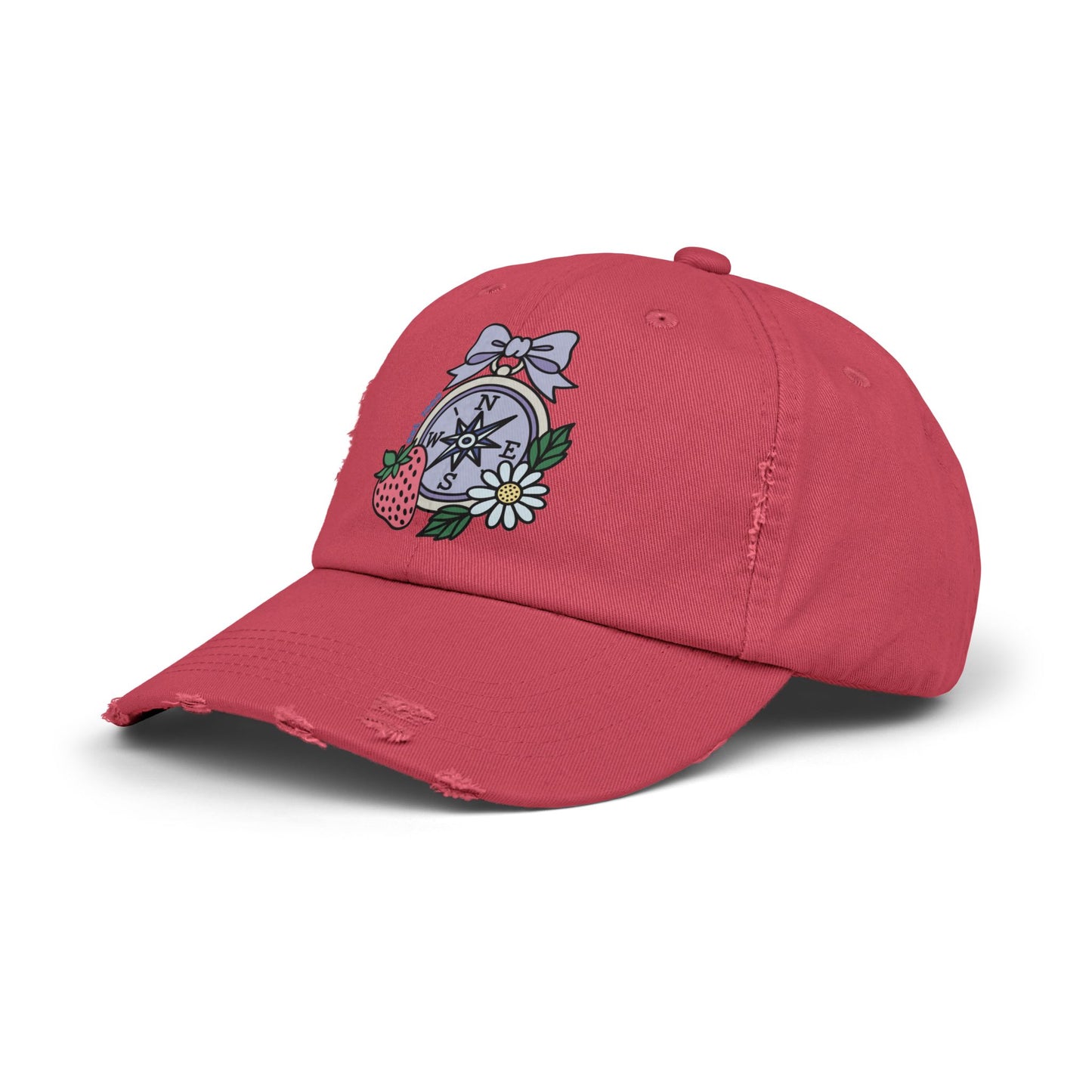 Folklore Fields Distressed Cap – Vintage Compass & Strawberry Design, Unisex Boho Dad Hat