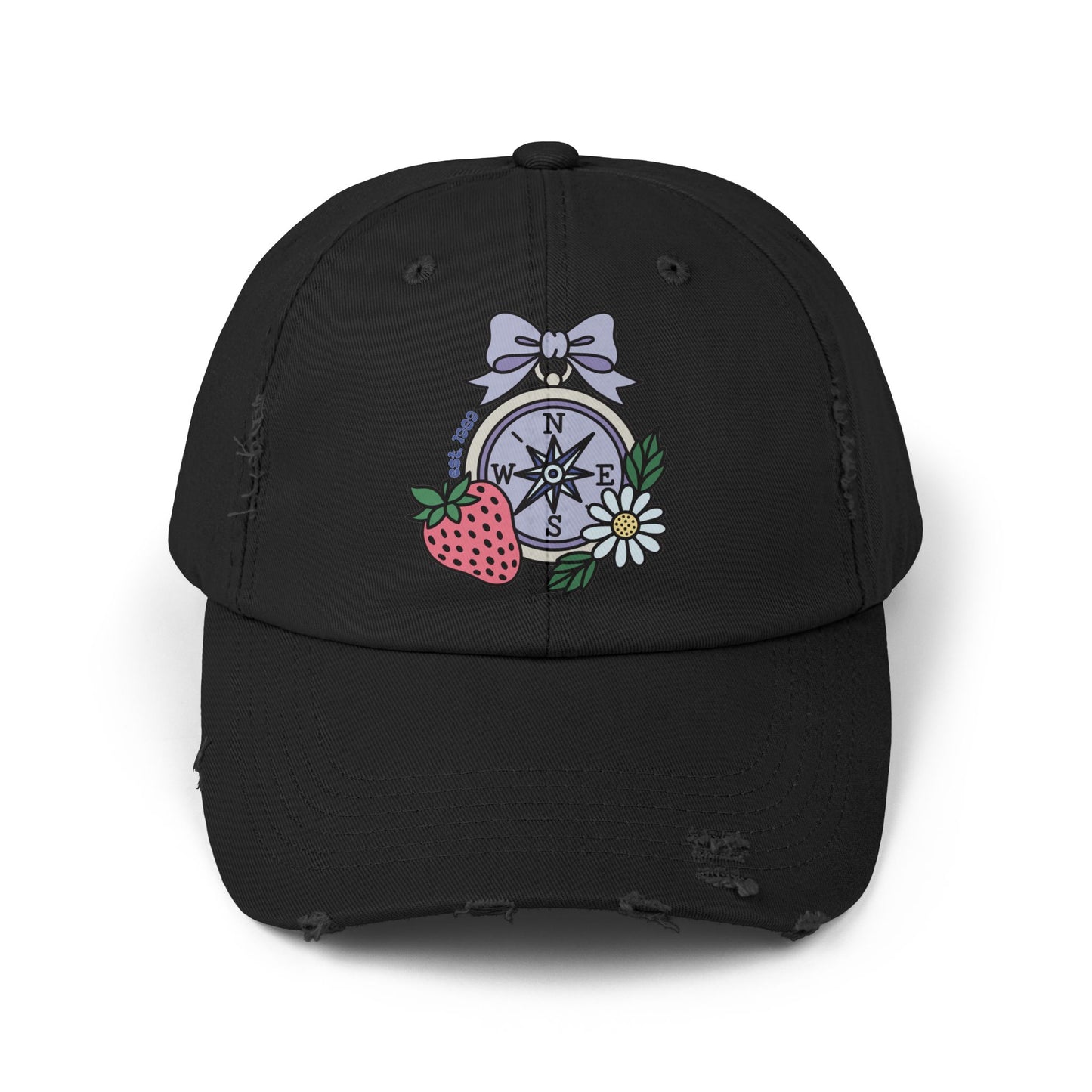 Folklore Fields Distressed Cap – Vintage Compass & Strawberry Design, Unisex Boho Dad Hat