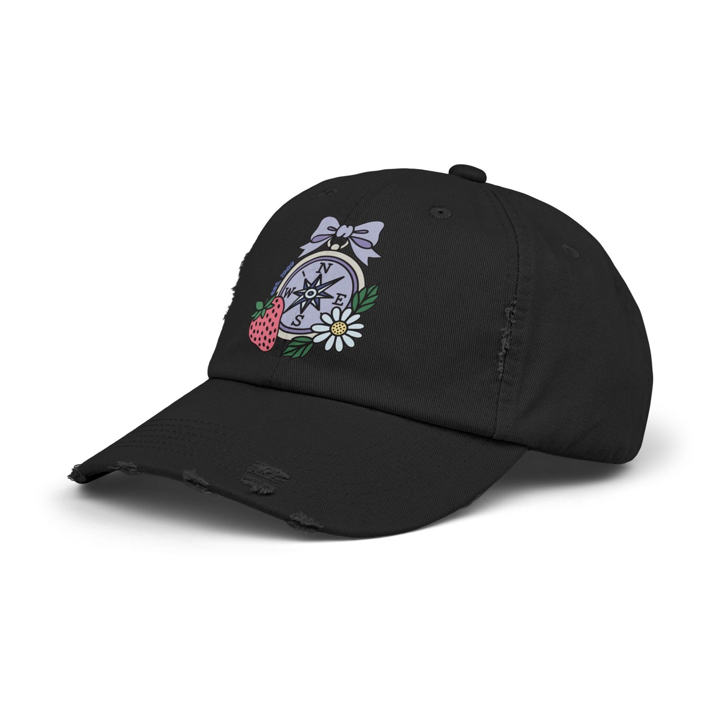 Folklore Fields Distressed Cap – Vintage Compass & Strawberry Design, Unisex Boho Dad Hat
