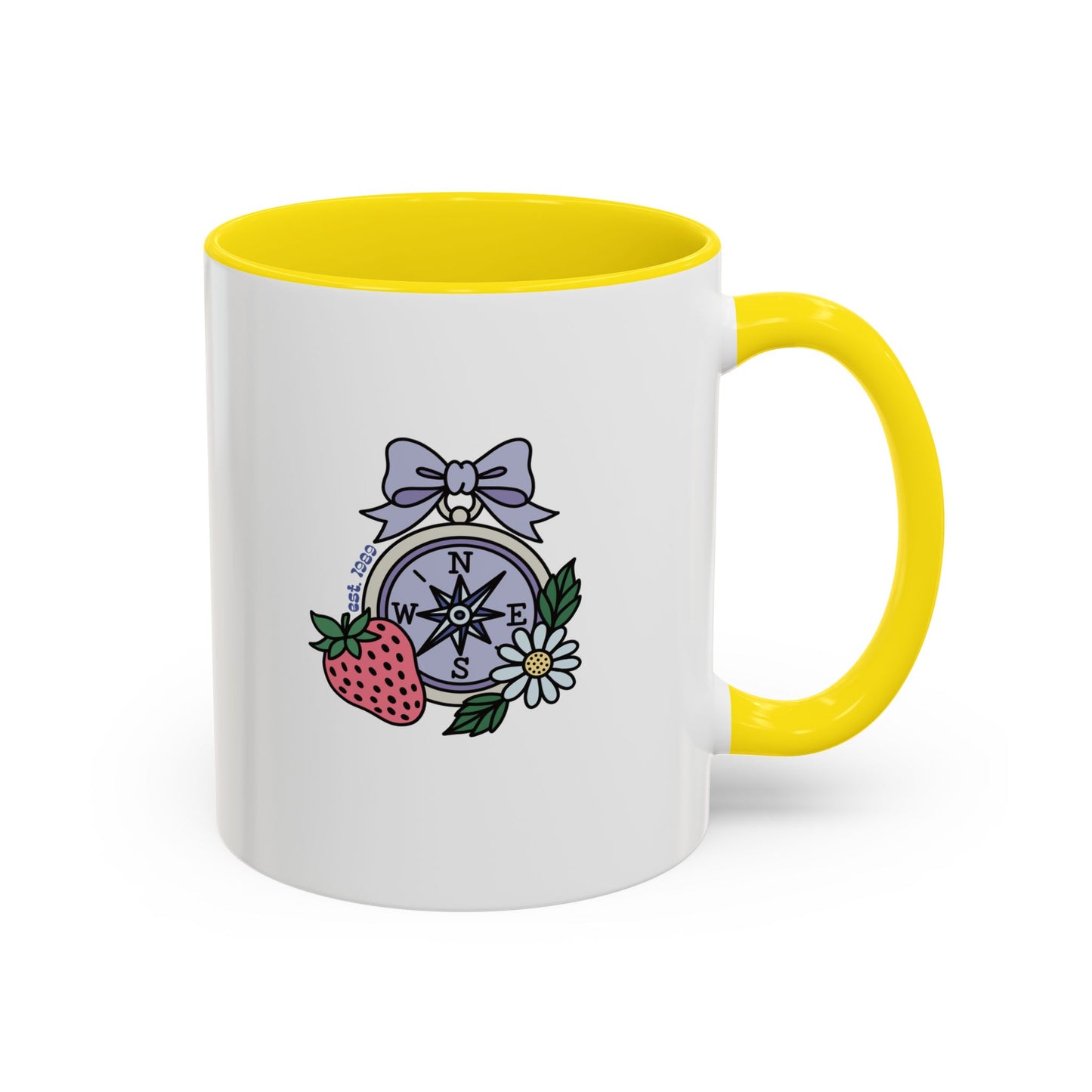 Folklore Fields Mug – Botanical Strawberry & Compass Design, Color Accent Ceramic Drinkware