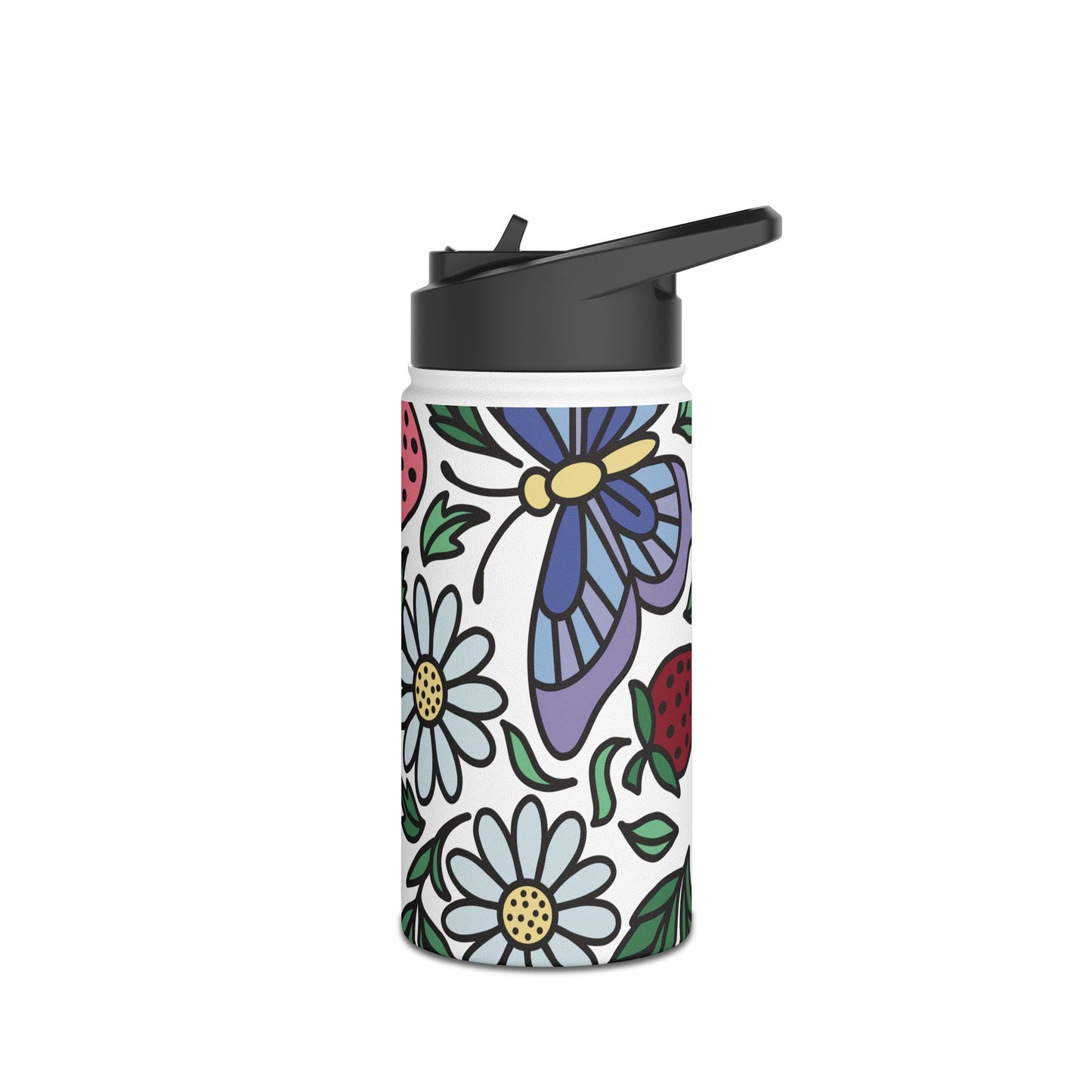 Folklore Fields Stainless Steel Water Bottle – Strawberry & Daisy Floral Design, Insulated & Eco-Friendly