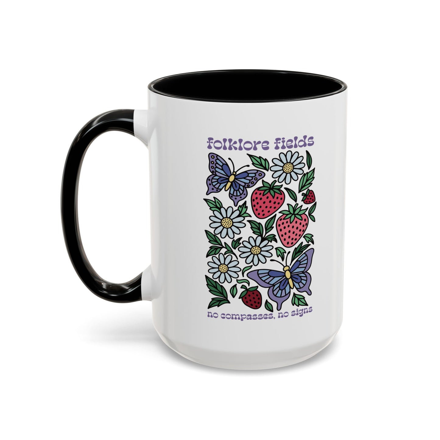 Folklore Fields Mug – Botanical Strawberry & Compass Design, Color Accent Ceramic Drinkware
