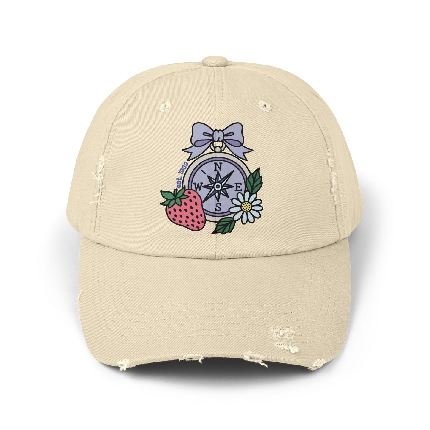 Folklore Fields Distressed Cap – Vintage Compass & Strawberry Design, Unisex Boho Dad Hat