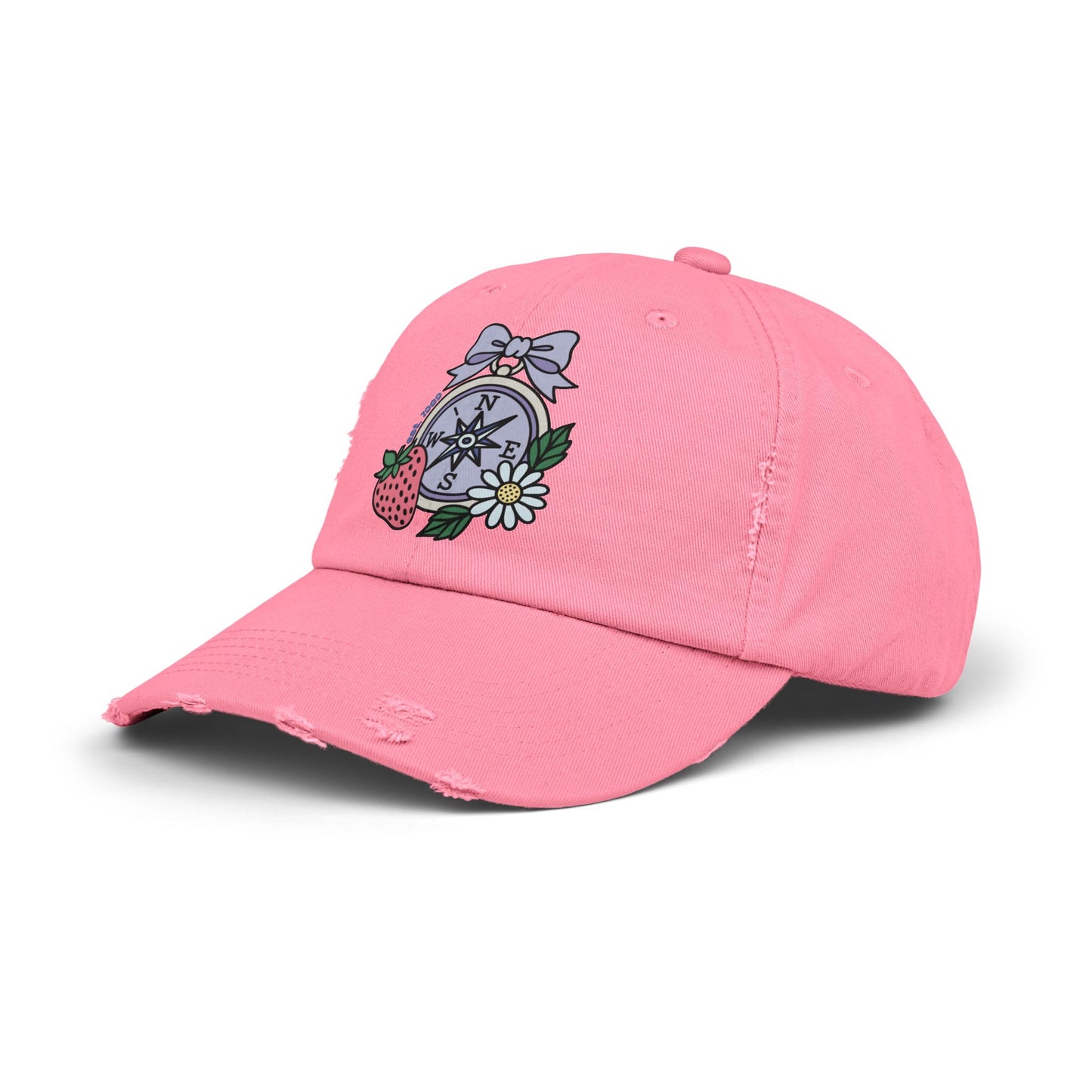 Folklore Fields Distressed Cap – Vintage Compass & Strawberry Design, Unisex Boho Dad Hat
