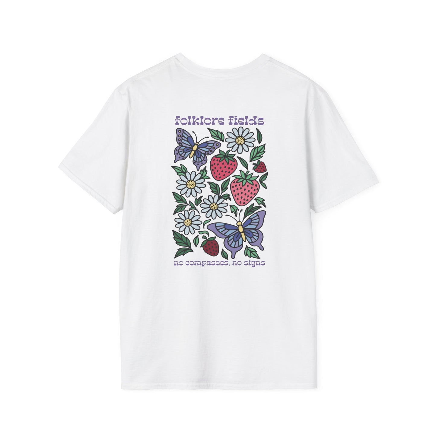 Folklore Fields T-Shirt – Soft Cotton Tee with Strawberry, Butterfly & Compass Design
