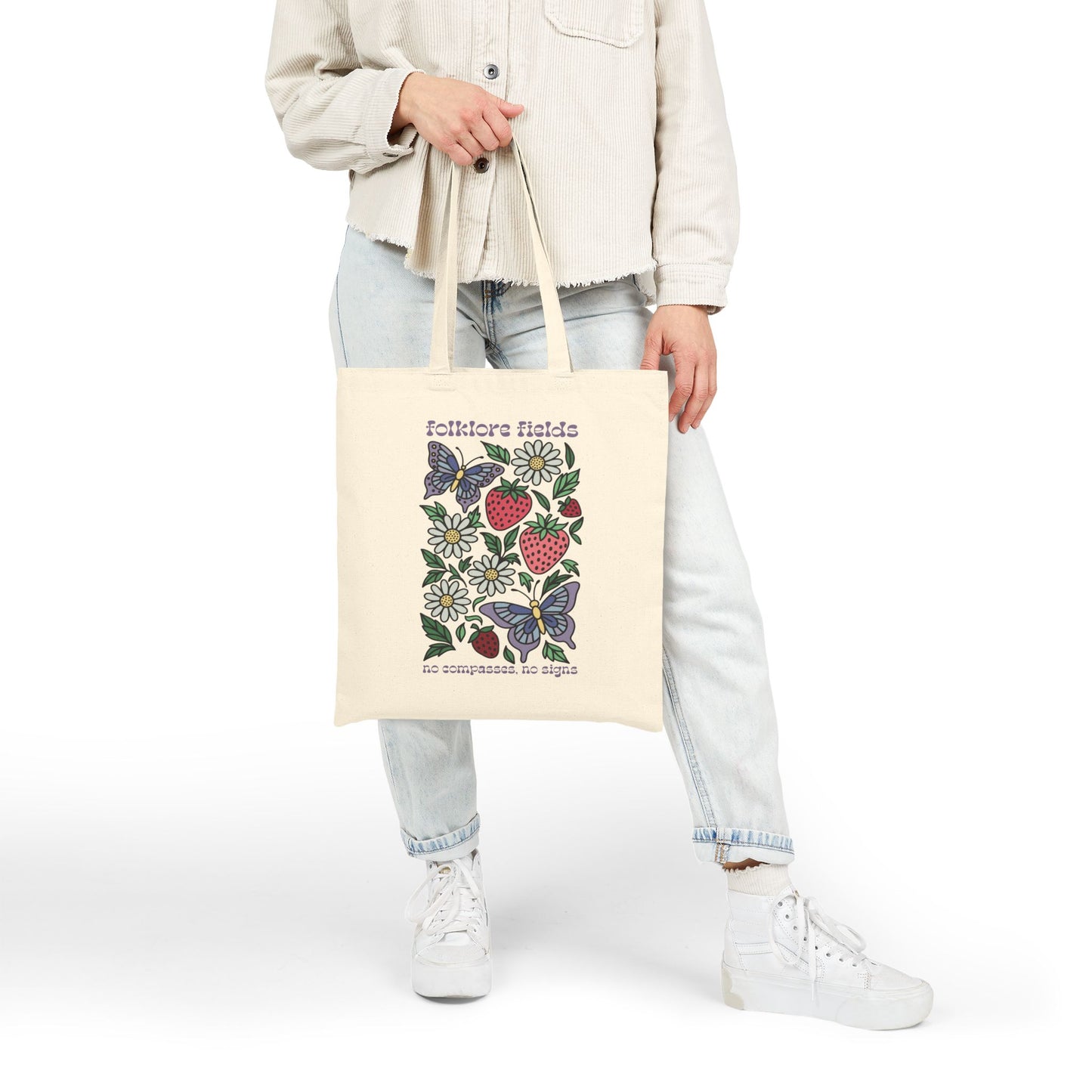 Folklore Fields Tote Bag – Eco-Friendly Canvas Bag with Butterfly and Strawberry Design