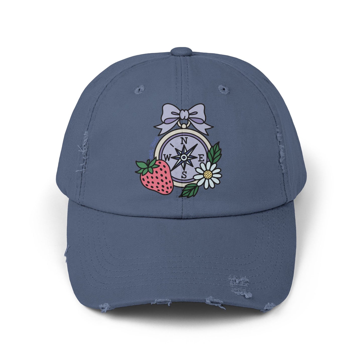 Folklore Fields Distressed Cap – Vintage Compass & Strawberry Design, Unisex Boho Dad Hat