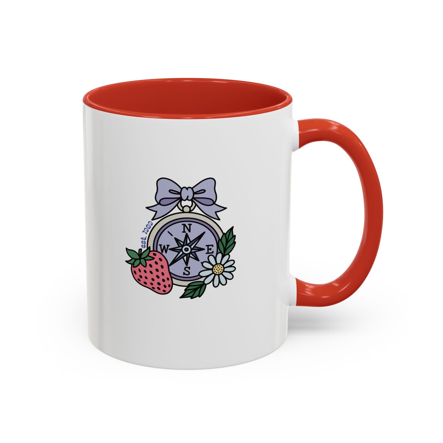 Folklore Fields Mug – Botanical Strawberry & Compass Design, Color Accent Ceramic Drinkware