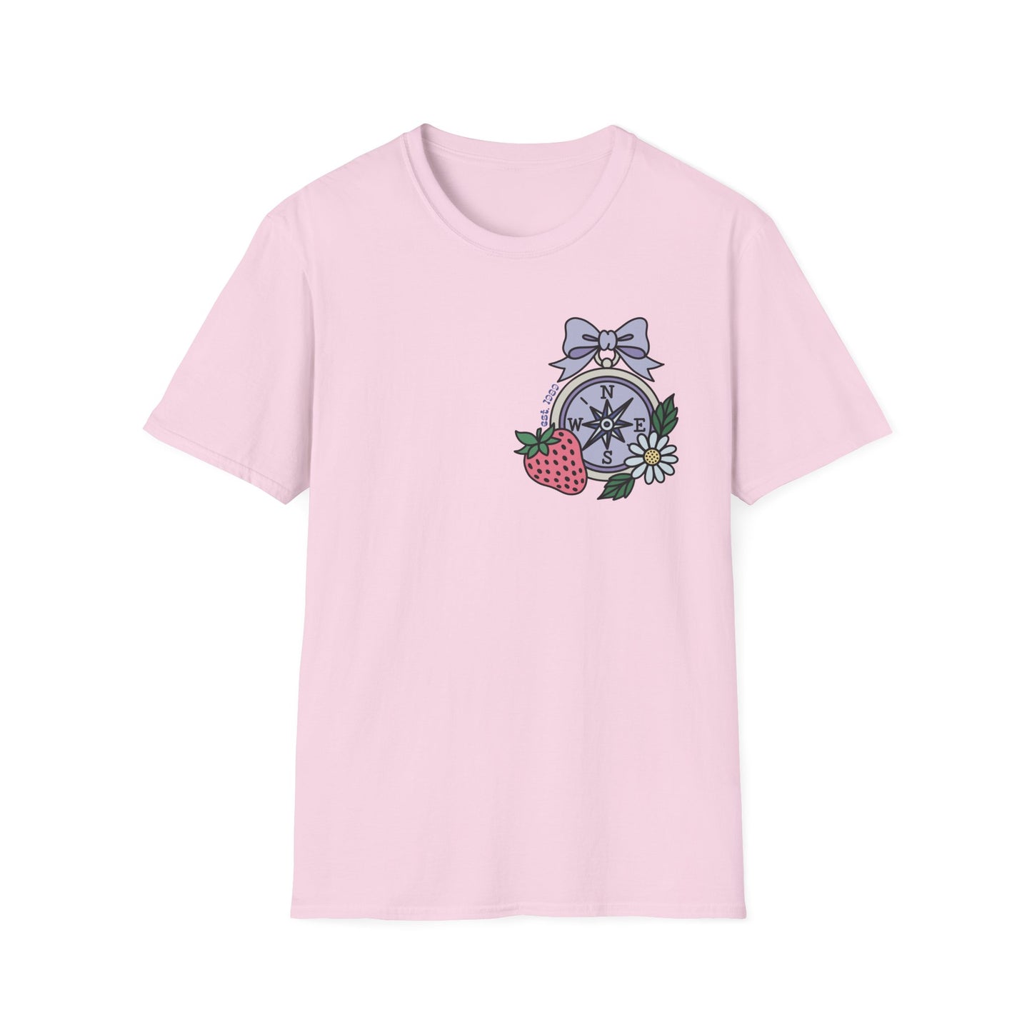 Folklore Fields T-Shirt – Soft Cotton Tee with Strawberry, Butterfly & Compass Design