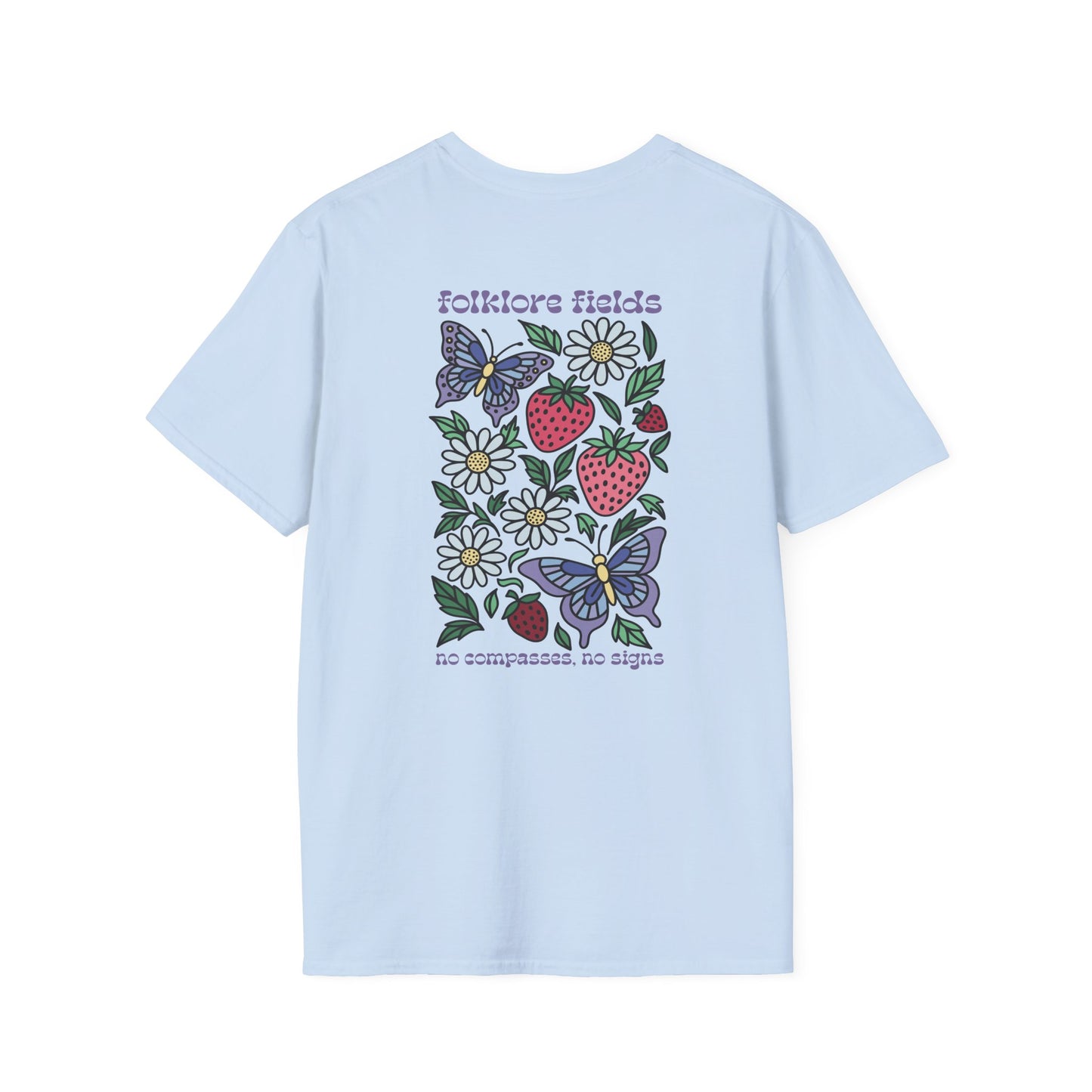 Folklore Fields T-Shirt – Soft Cotton Tee with Strawberry, Butterfly & Compass Design