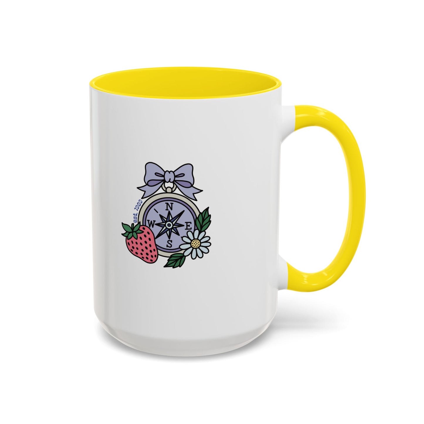 Folklore Fields Mug – Botanical Strawberry & Compass Design, Color Accent Ceramic Drinkware