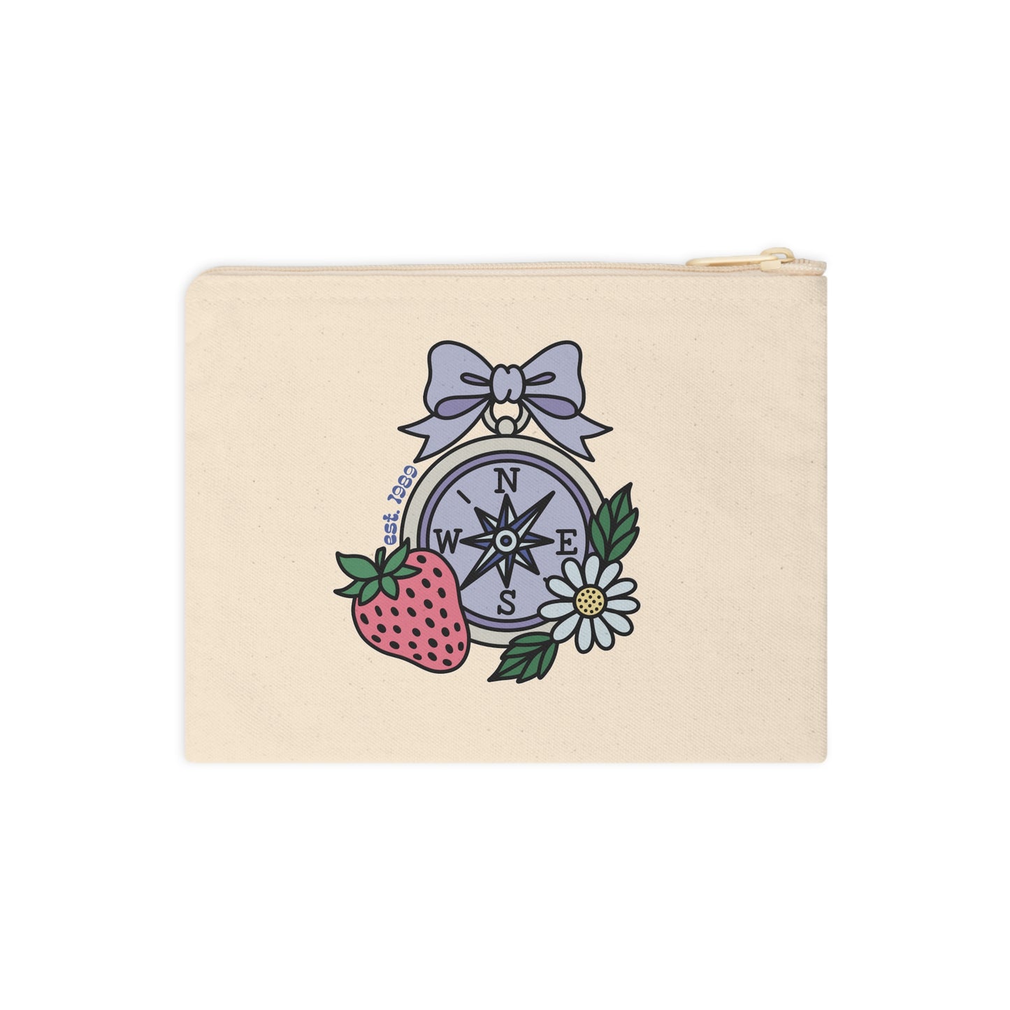 Folklore Fields Zipper Pouch – Whimsical Compass & Strawberry Design, Cotton Canvas Travel Organizer