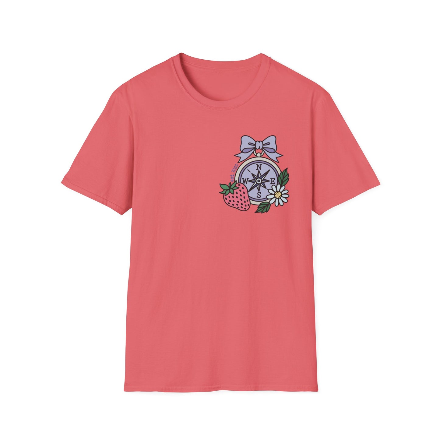 Folklore Fields T-Shirt – Soft Cotton Tee with Strawberry, Butterfly & Compass Design
