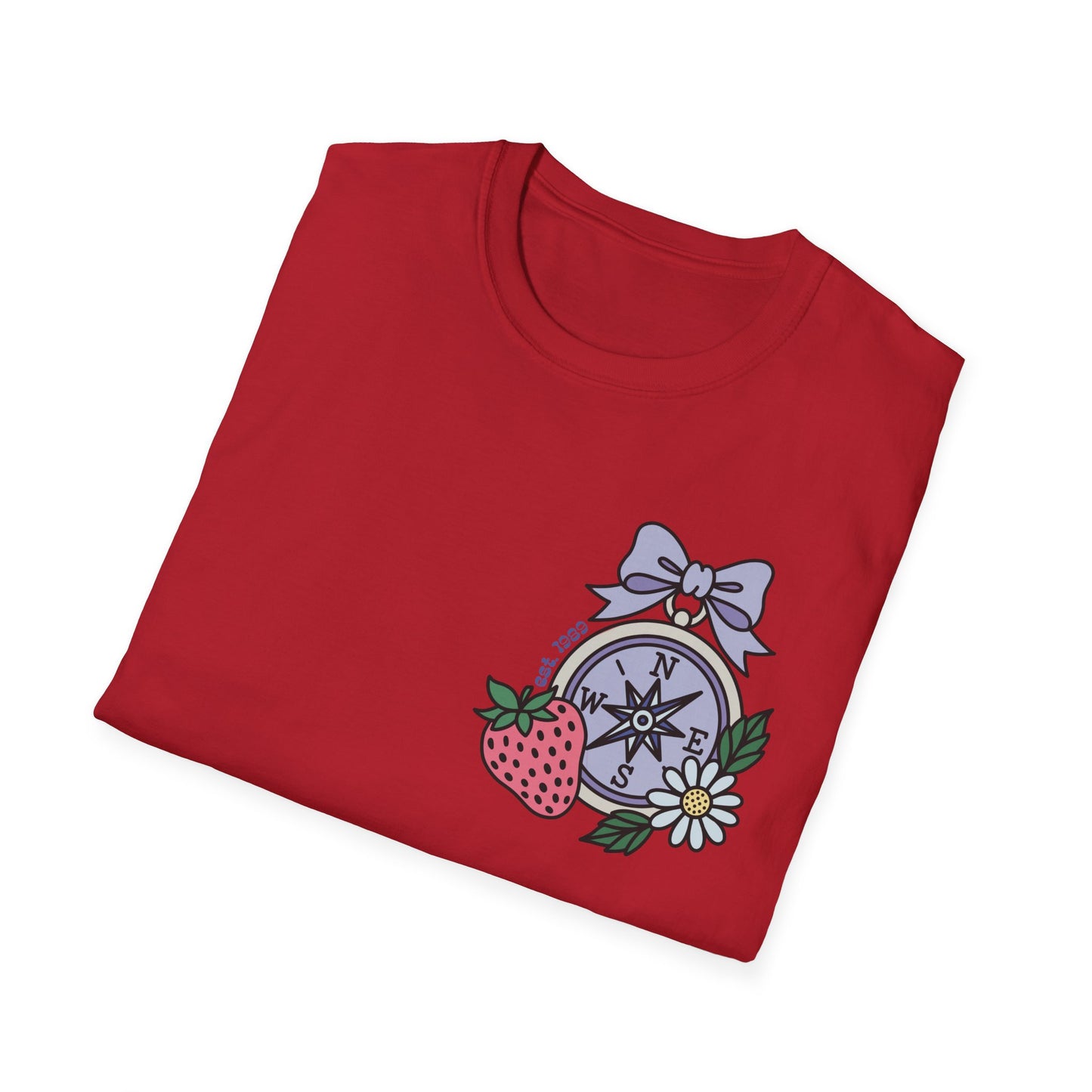 Folklore Fields T-Shirt – Soft Cotton Tee with Strawberry, Butterfly & Compass Design