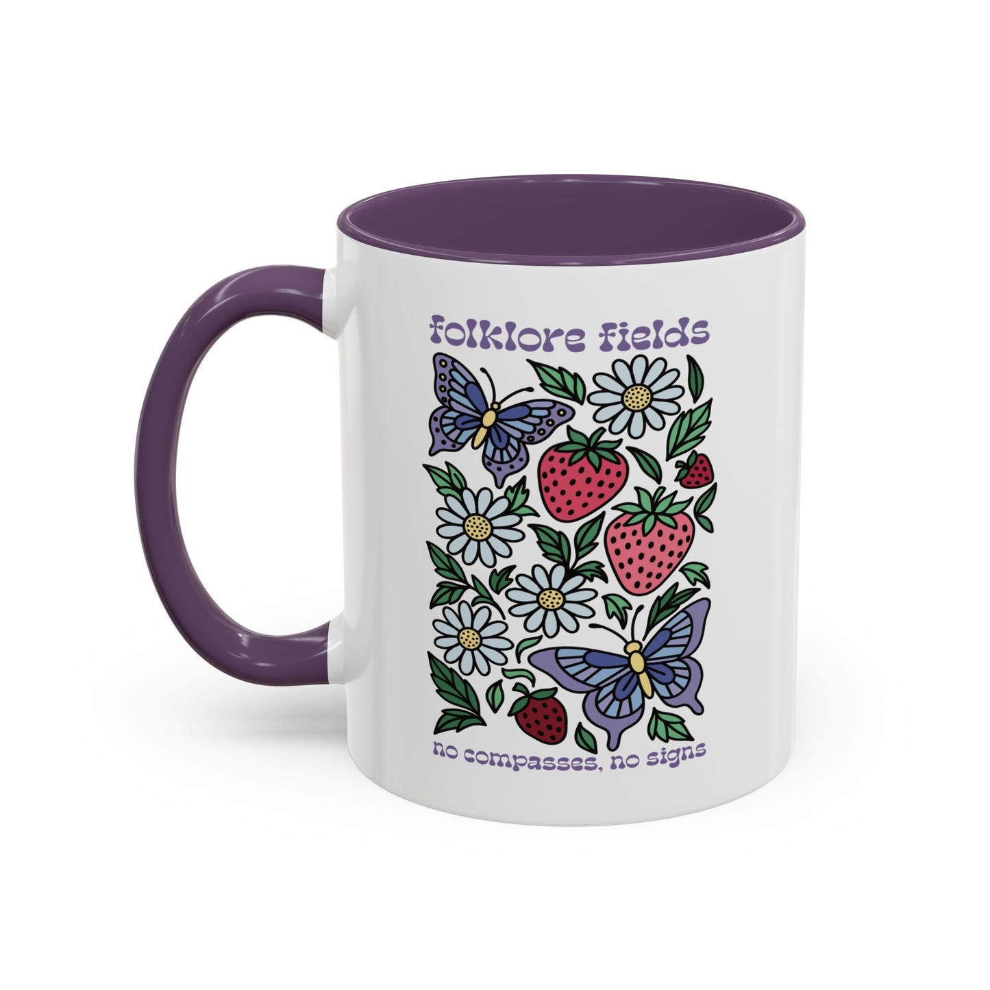 Folklore Fields Mug – Botanical Strawberry & Compass Design, Color Accent Ceramic Drinkware