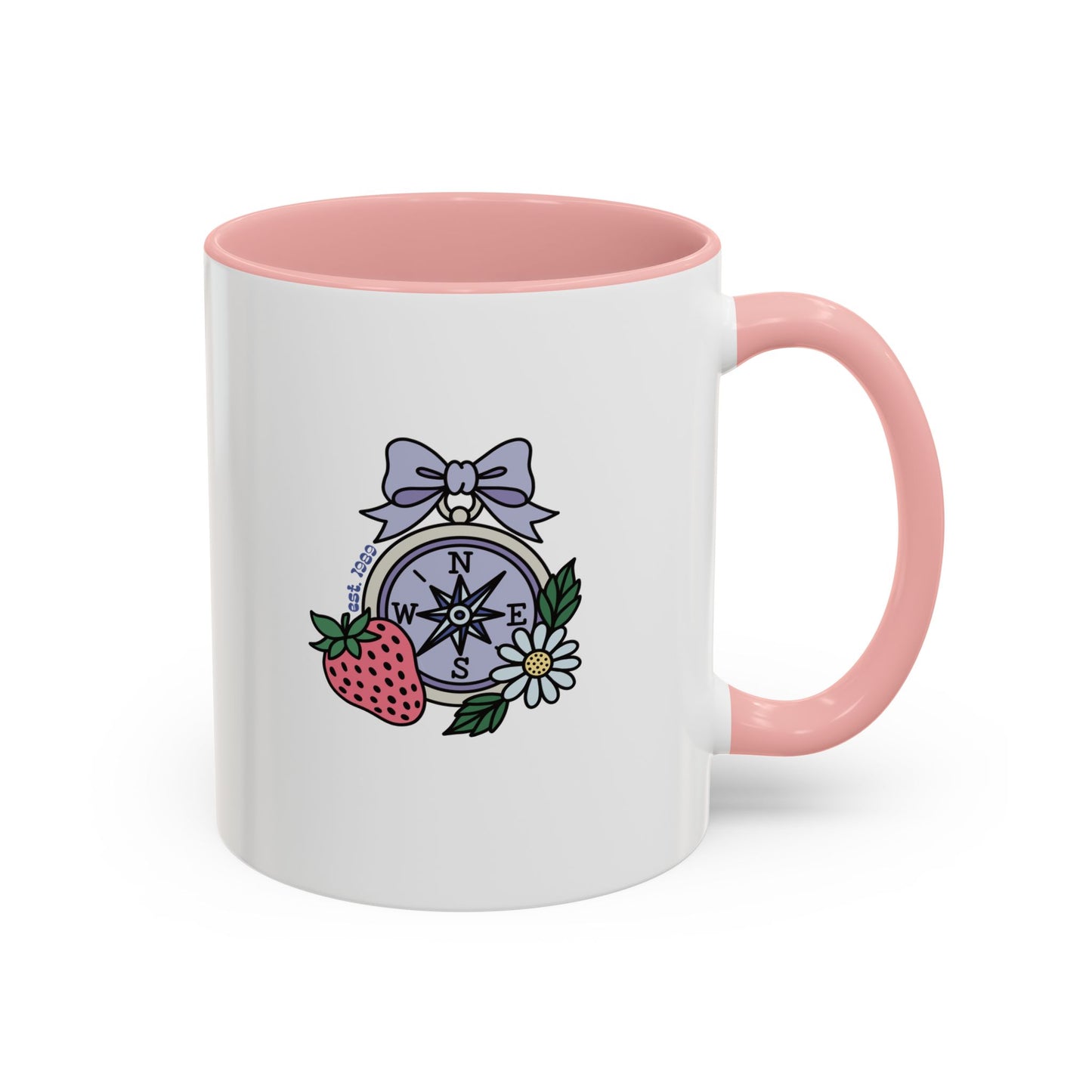 Folklore Fields Mug – Botanical Strawberry & Compass Design, Color Accent Ceramic Drinkware
