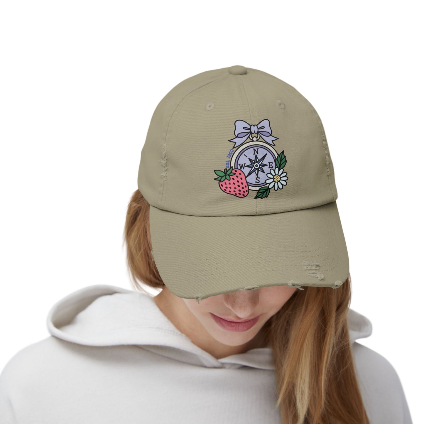 Folklore Fields Distressed Cap – Vintage Compass & Strawberry Design, Unisex Boho Dad Hat