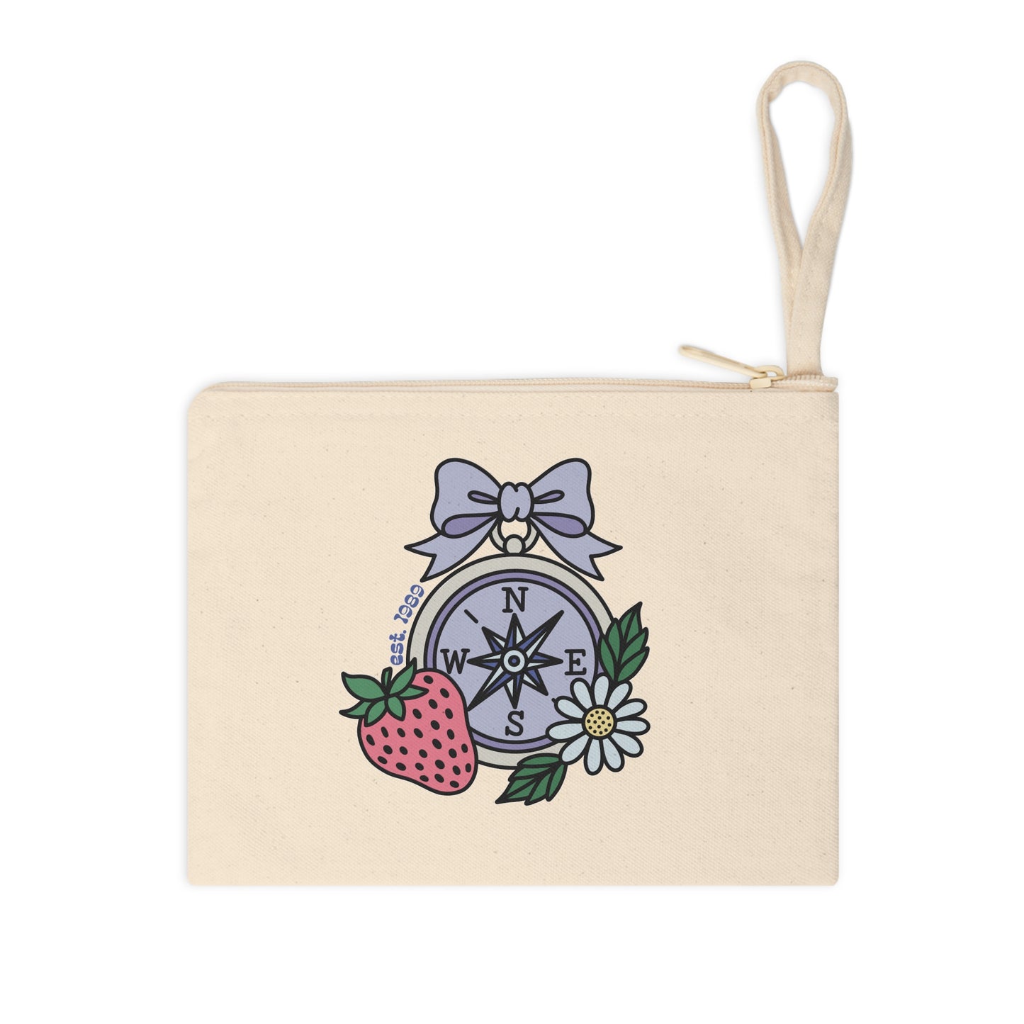 Folklore Fields Zipper Pouch – Whimsical Compass & Strawberry Design, Cotton Canvas Travel Organizer