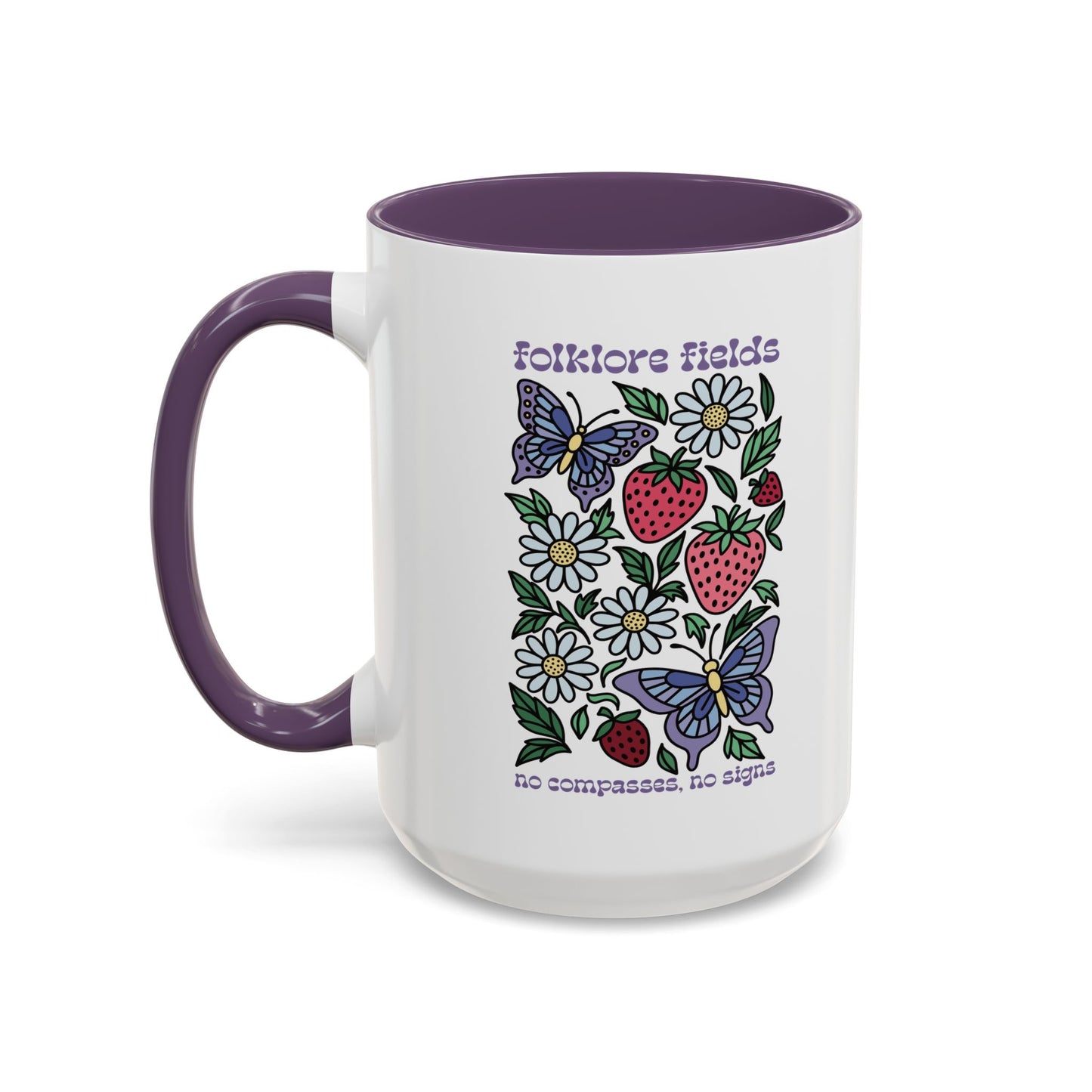 Folklore Fields Mug – Botanical Strawberry & Compass Design, Color Accent Ceramic Drinkware