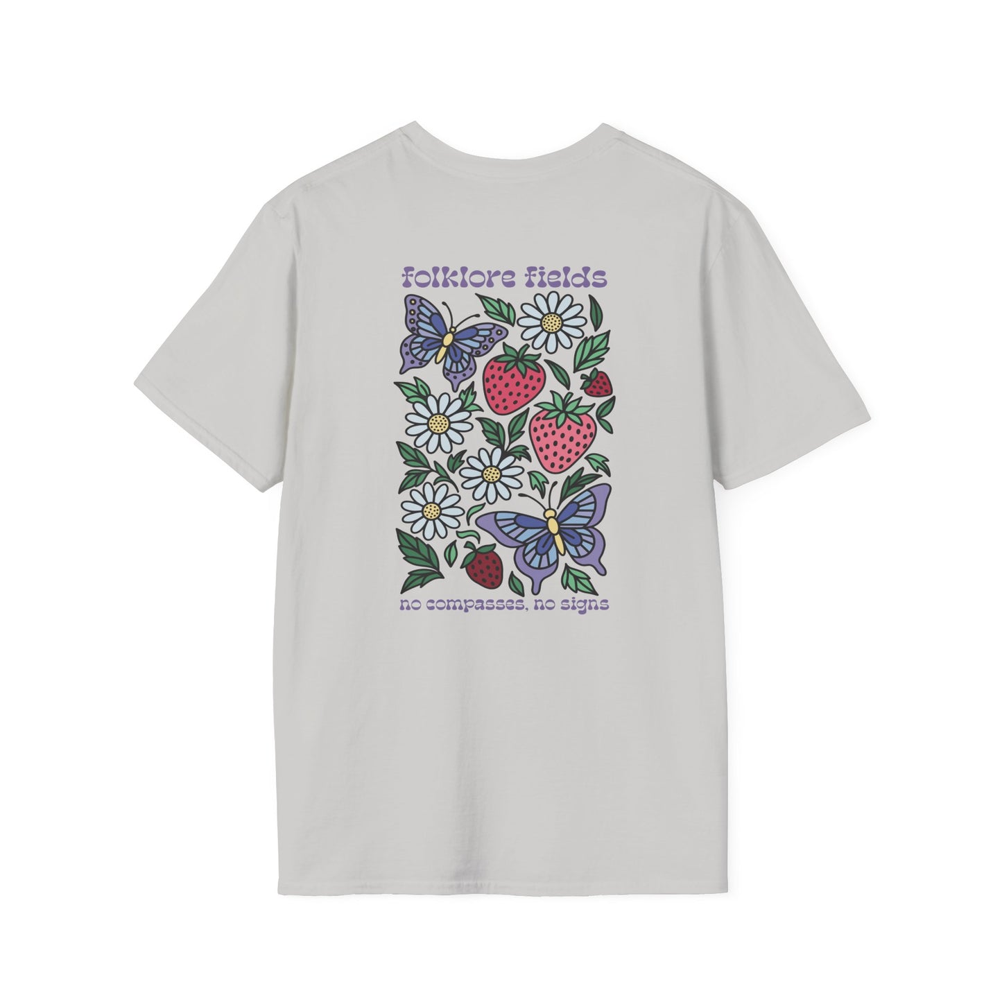 Folklore Fields T-Shirt – Soft Cotton Tee with Strawberry, Butterfly & Compass Design