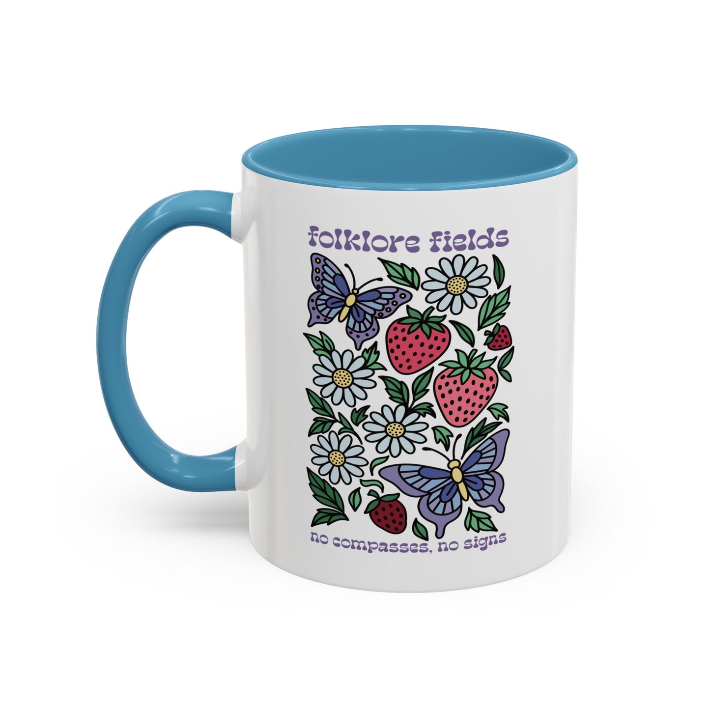 Folklore Fields Mug – Botanical Strawberry & Compass Design, Color Accent Ceramic Drinkware