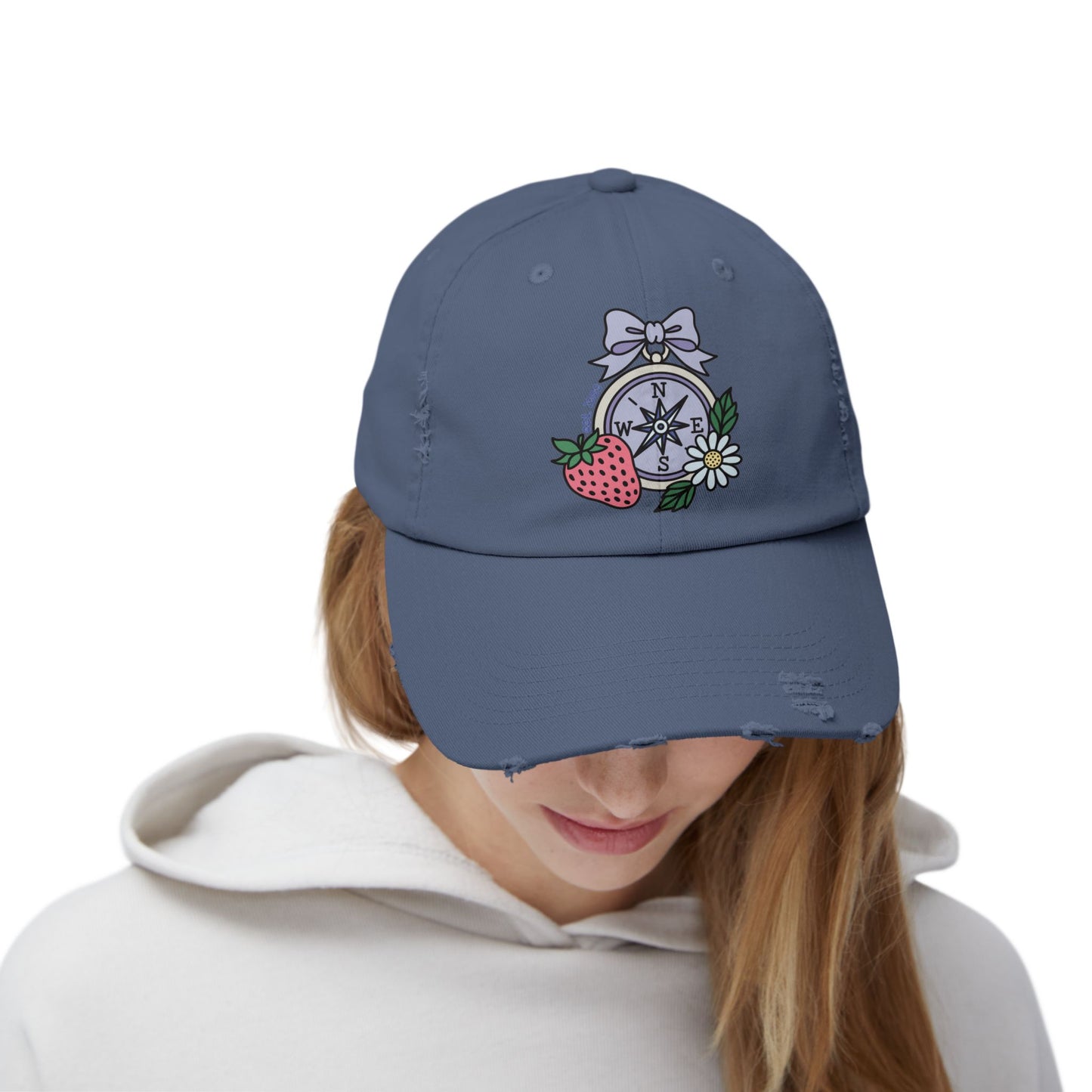 Folklore Fields Distressed Cap – Vintage Compass & Strawberry Design, Unisex Boho Dad Hat