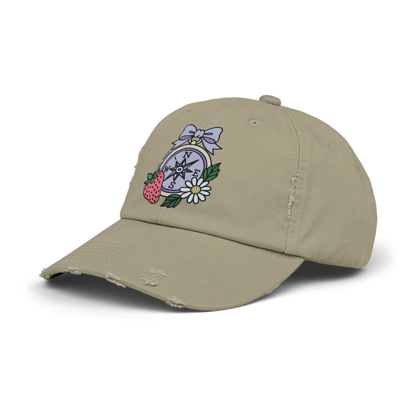 Folklore Fields Distressed Cap – Vintage Compass & Strawberry Design, Unisex Boho Dad Hat