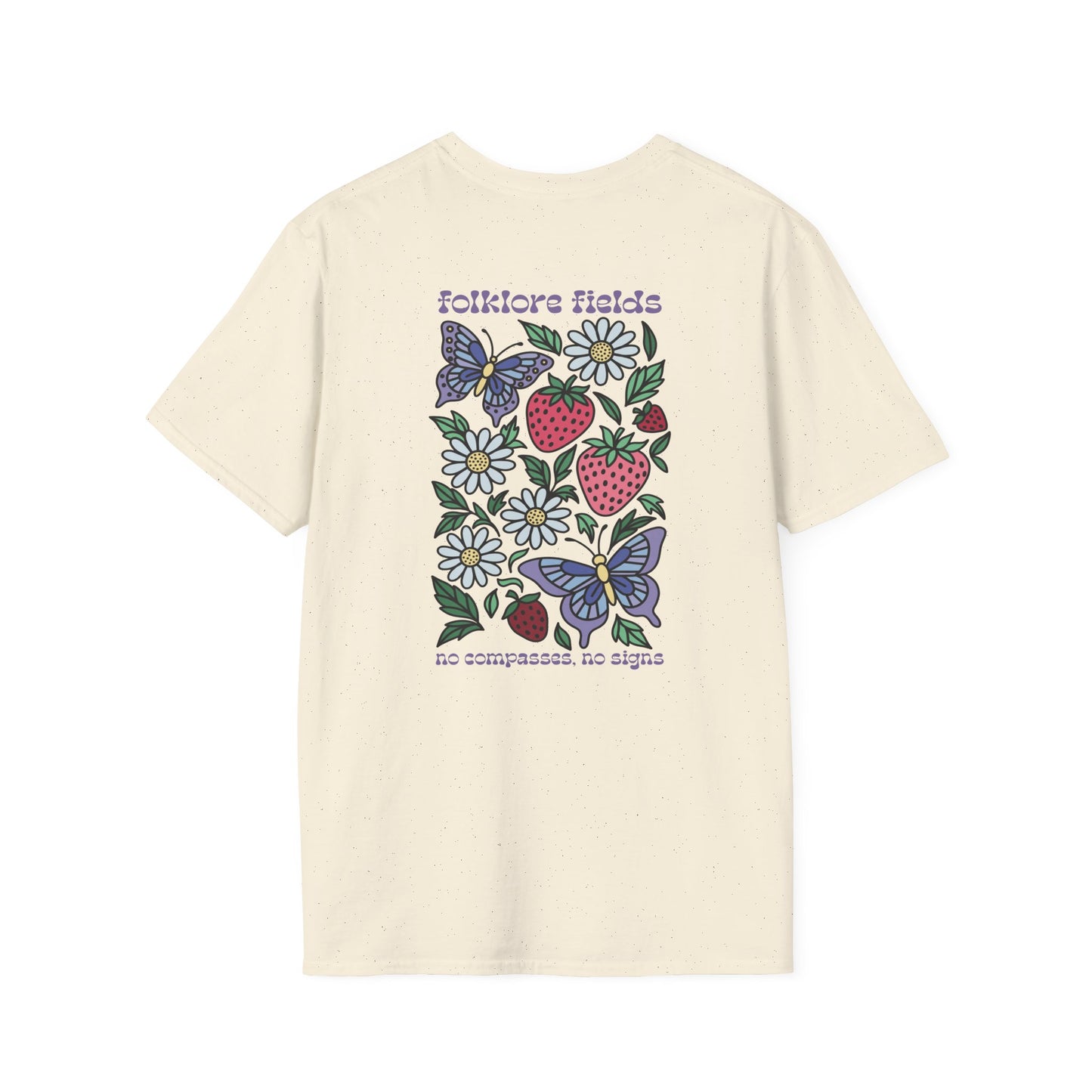 Folklore Fields T-Shirt – Soft Cotton Tee with Strawberry, Butterfly & Compass Design