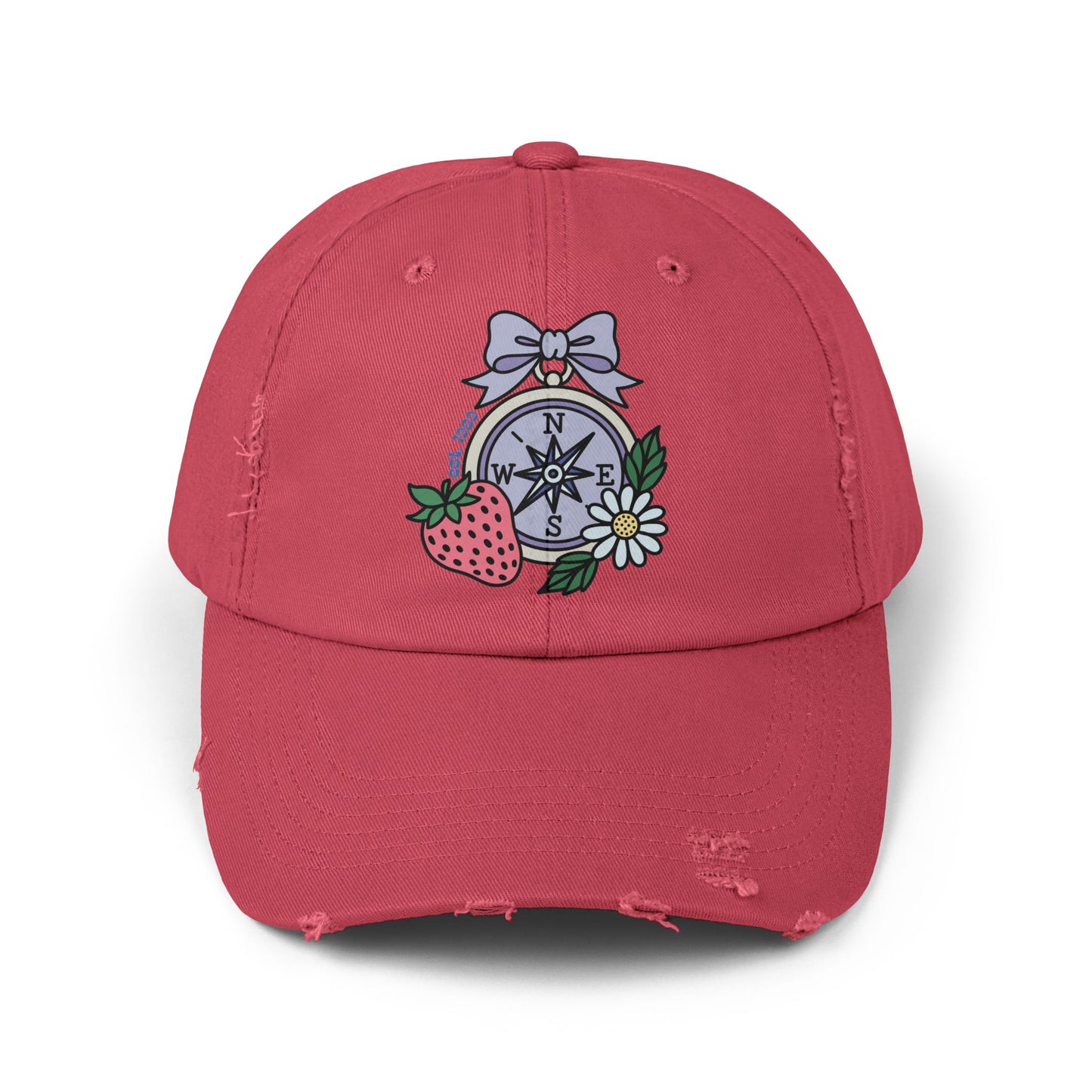 Folklore Fields Distressed Cap – Vintage Compass & Strawberry Design, Unisex Boho Dad Hat