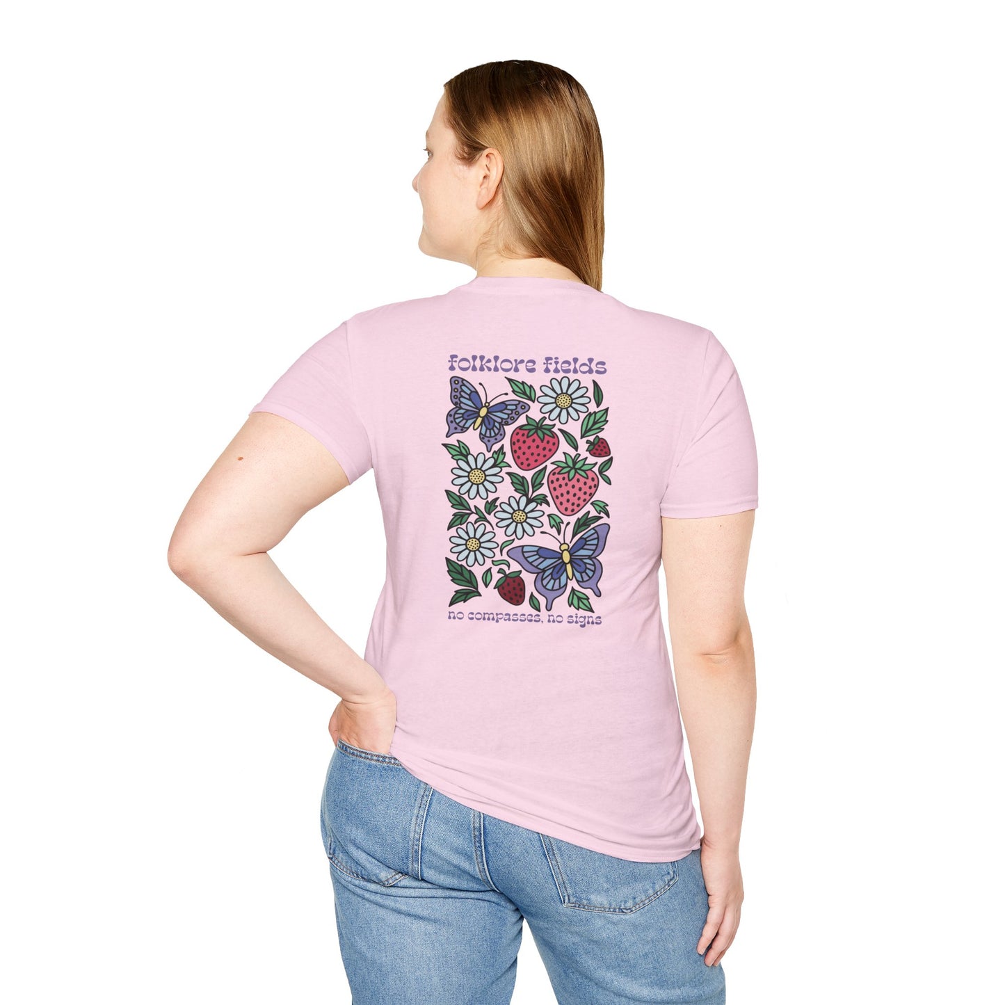Folklore Fields T-Shirt – Soft Cotton Tee with Strawberry, Butterfly & Compass Design