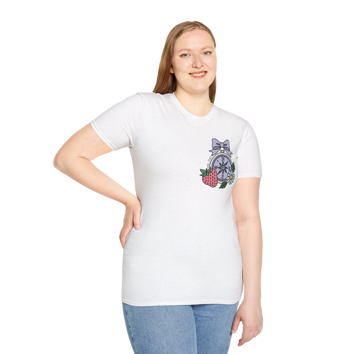 Folklore Fields T-Shirt – Soft Cotton Tee with Strawberry, Butterfly & Compass Design