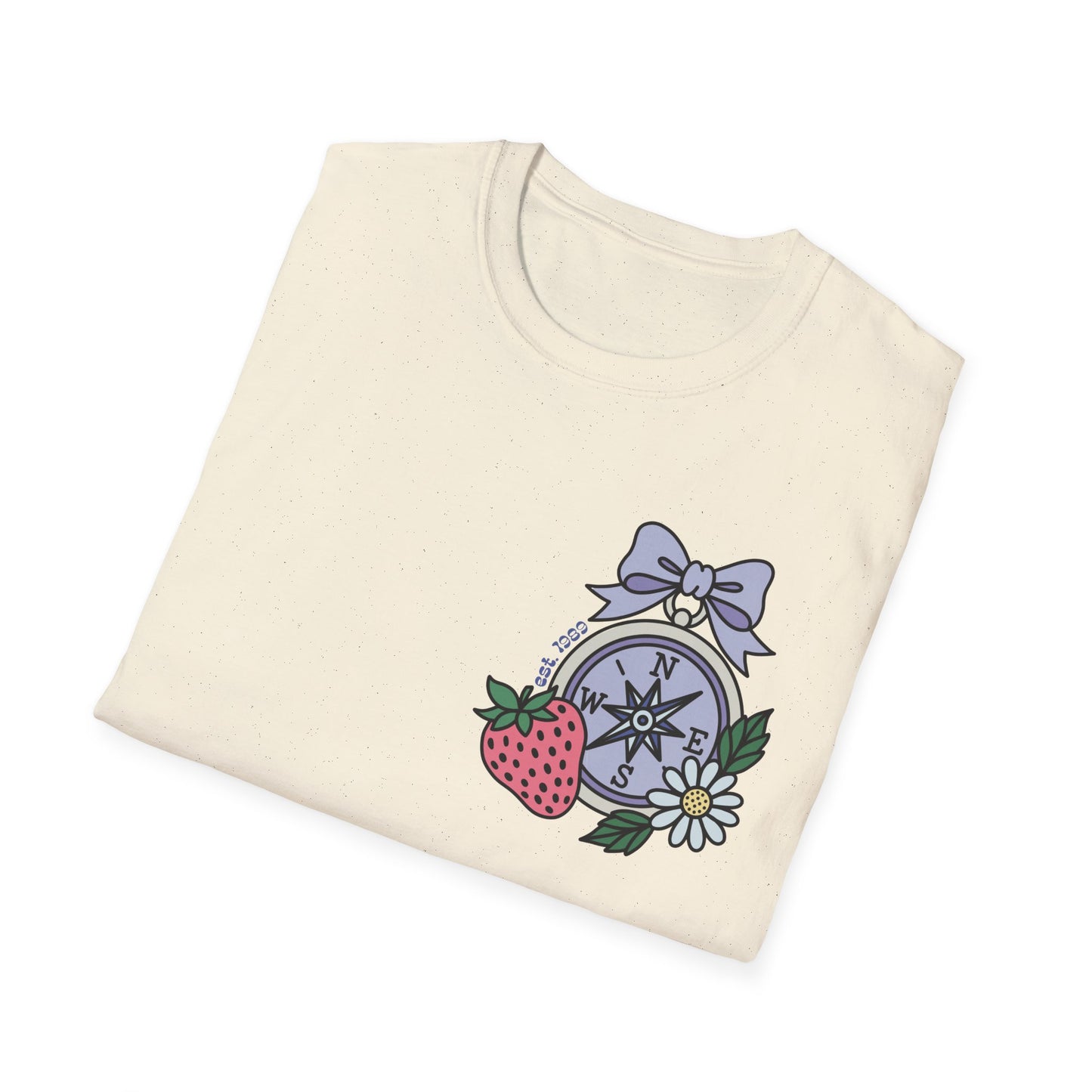 Folklore Fields T-Shirt – Soft Cotton Tee with Strawberry, Butterfly & Compass Design