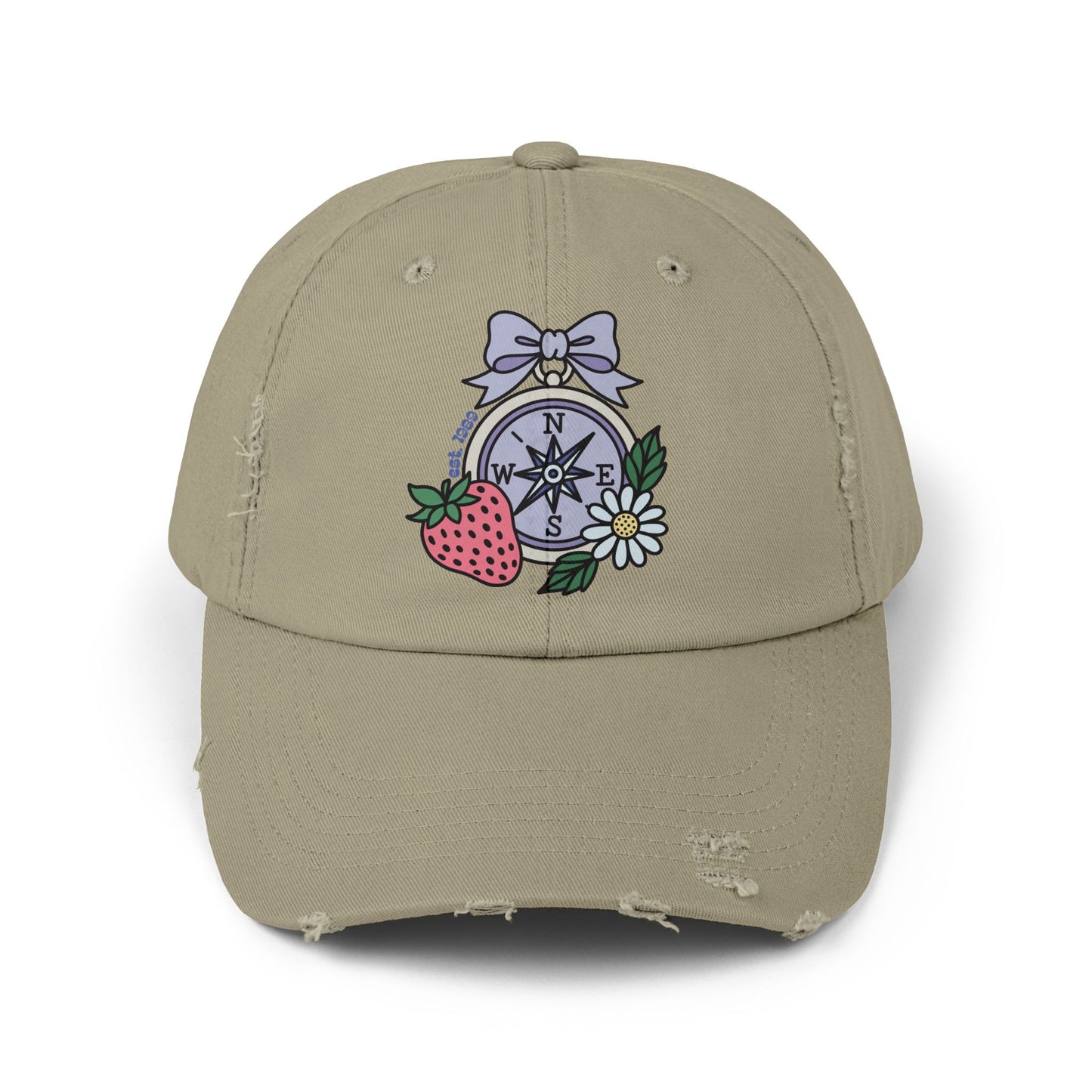 Folklore Fields Distressed Cap – Vintage Compass & Strawberry Design, Unisex Boho Dad Hat