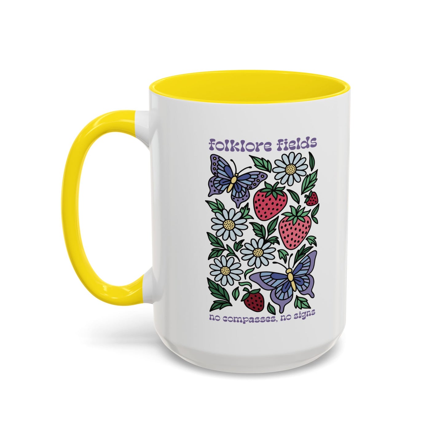 Folklore Fields Mug – Botanical Strawberry & Compass Design, Color Accent Ceramic Drinkware