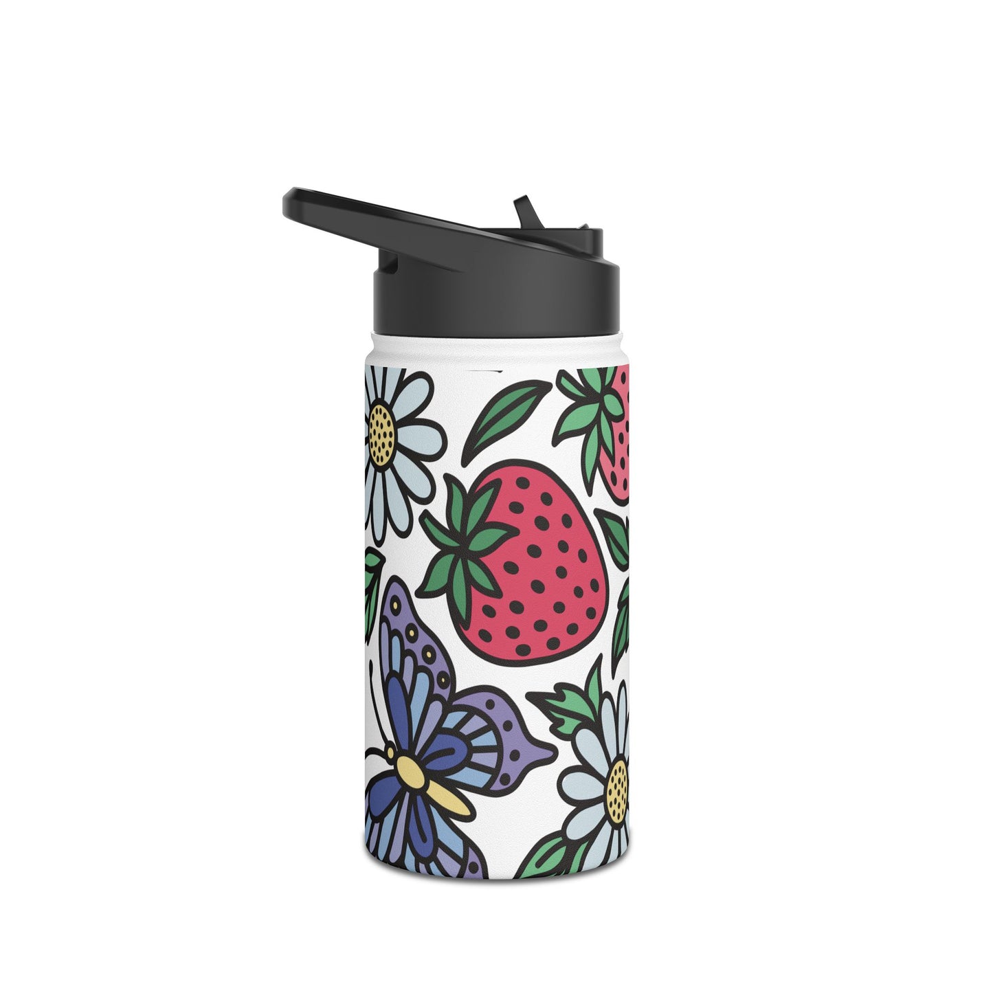 Folklore Fields Stainless Steel Water Bottle – Strawberry & Daisy Floral Design, Insulated & Eco-Friendly