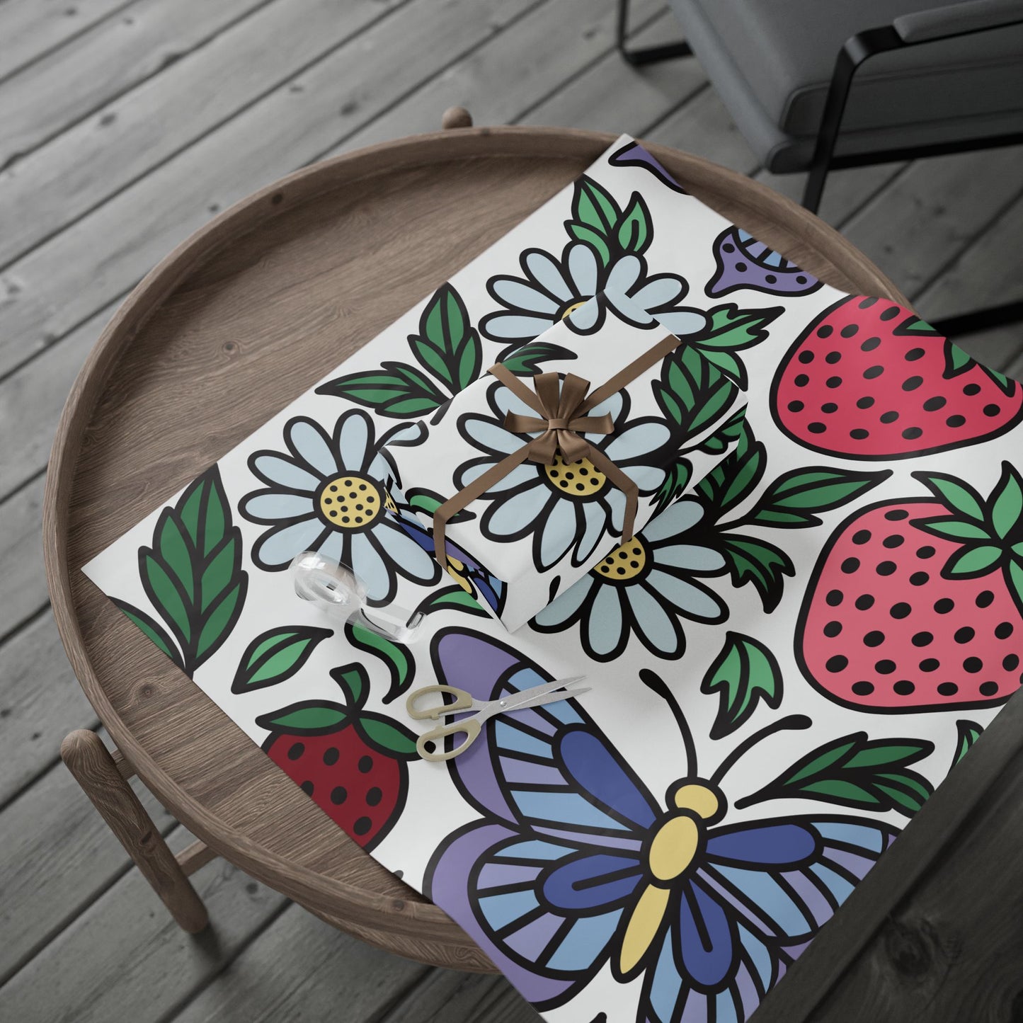 Folklore Fields Wrapping Paper – Strawberry & Daisy Gift Wrap for Birthdays, Holidays, and Celebrations