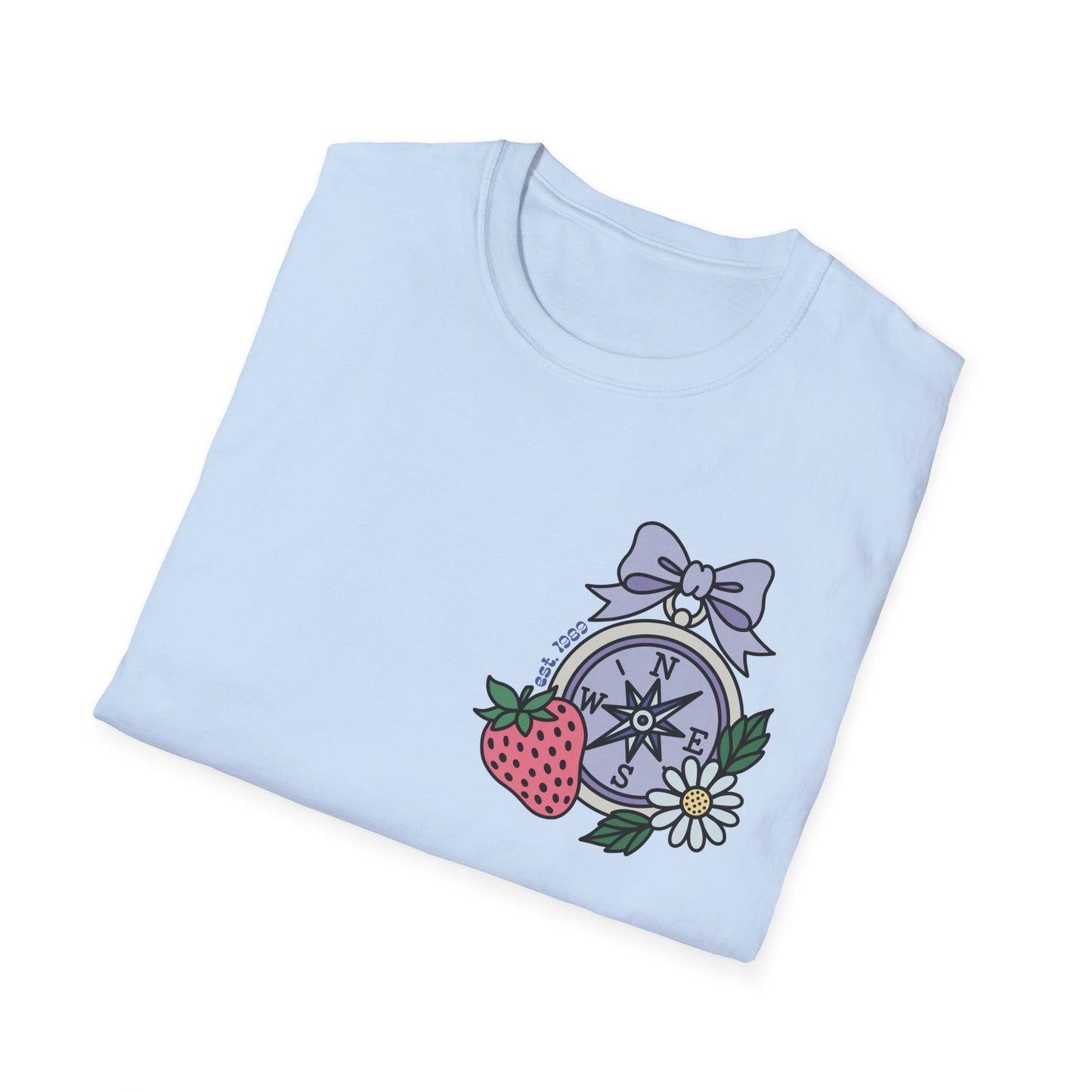 Folklore Fields T-Shirt – Soft Cotton Tee with Strawberry, Butterfly & Compass Design