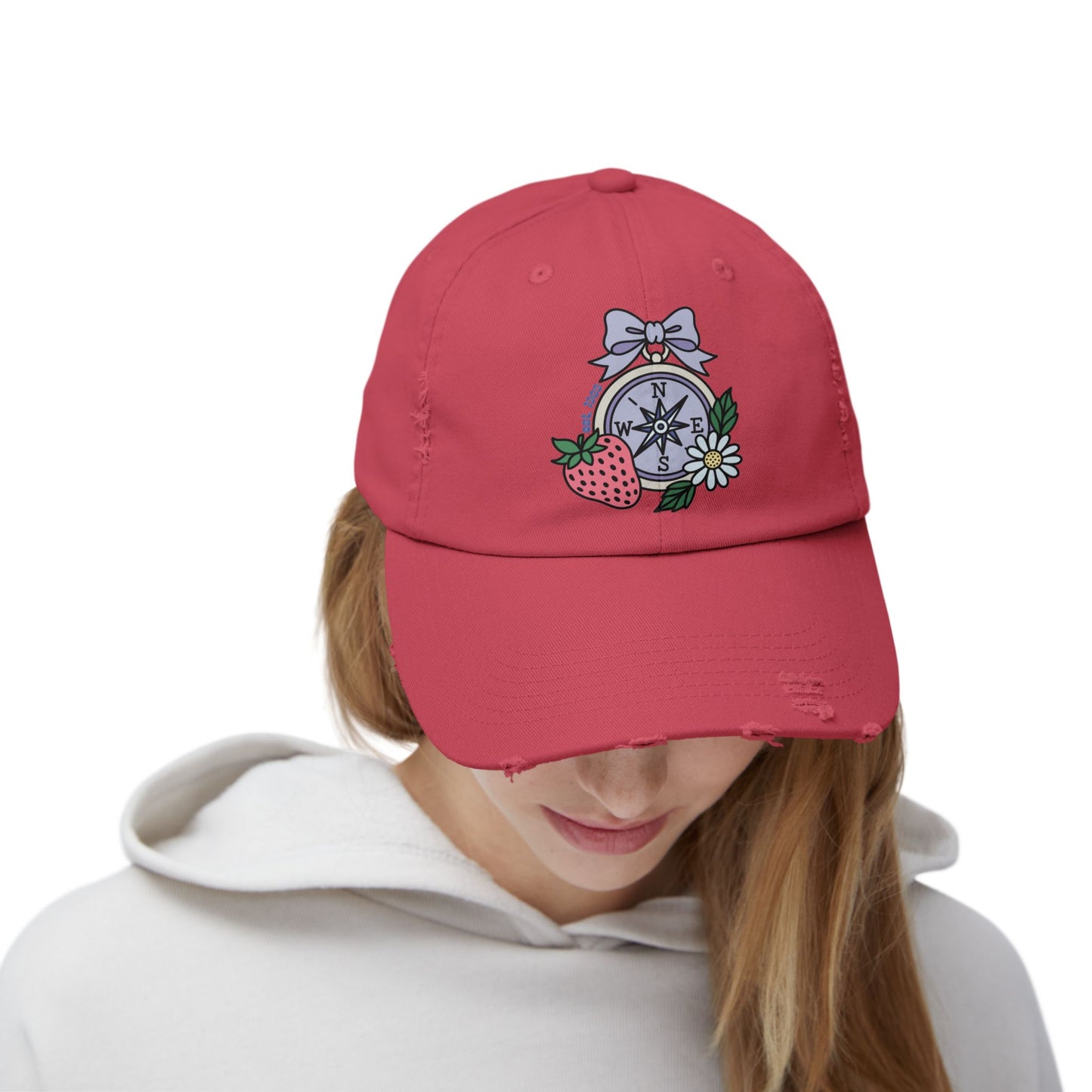 Folklore Fields Distressed Cap – Vintage Compass & Strawberry Design, Unisex Boho Dad Hat