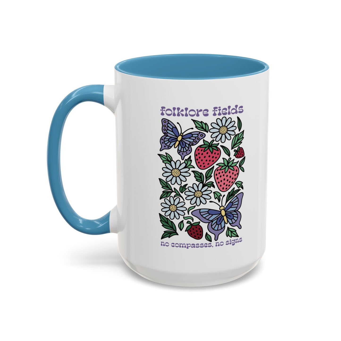 Folklore Fields Mug – Botanical Strawberry & Compass Design, Color Accent Ceramic Drinkware