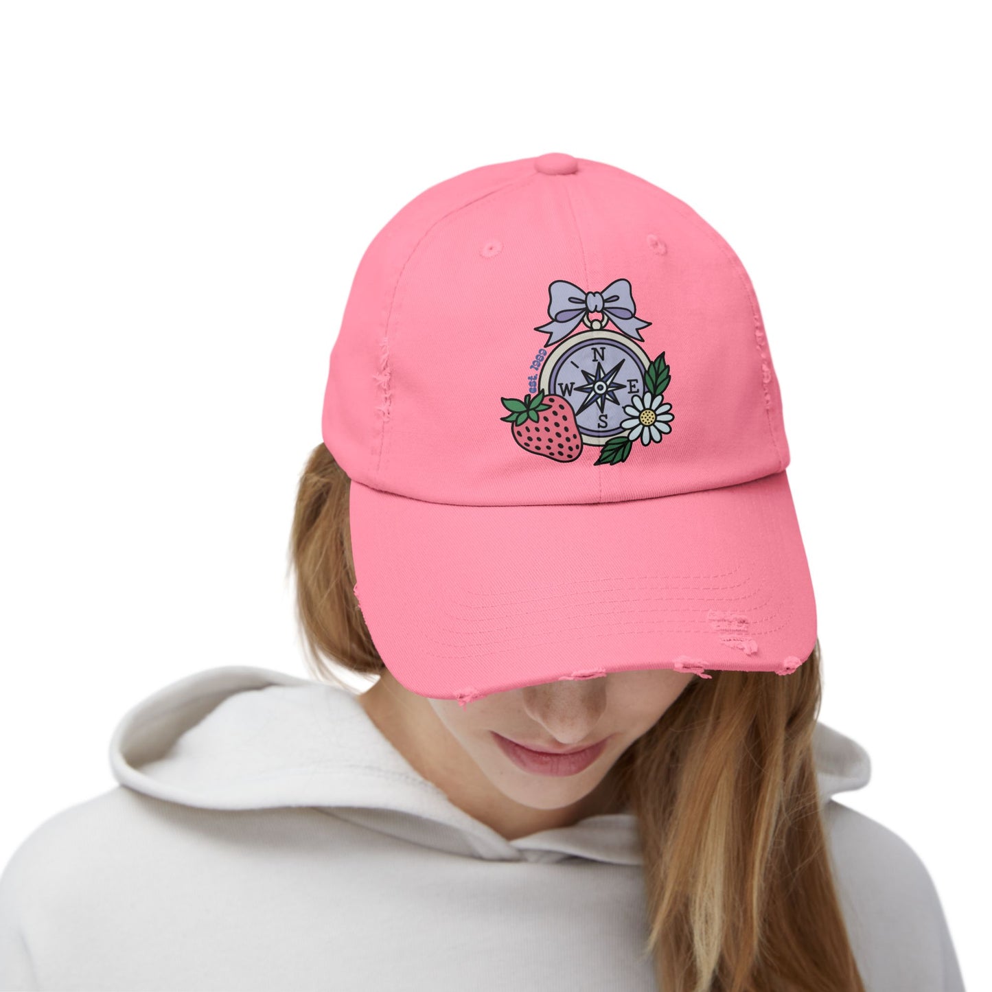 Folklore Fields Distressed Cap – Vintage Compass & Strawberry Design, Unisex Boho Dad Hat